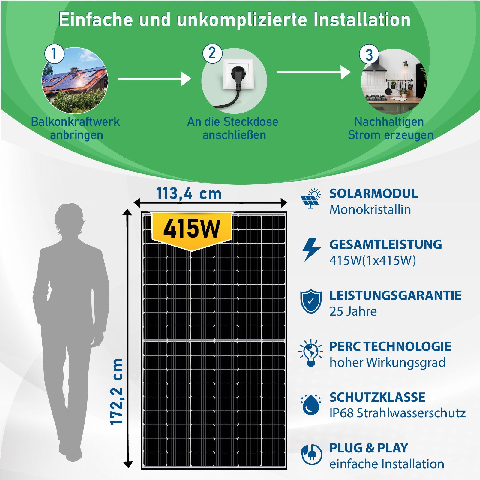 für Haus, Ihr Frame Campergold Wasserdichtigkeitsklasse, Eckig Balkon Anlage, Balkongeländer Plug PV Solarmodul, mit Steckerfertig Solaranlage Hoymiles Monokristallin, (Komplettset Mini-PV Halterung, Antireflexbeschichtung, Technologie, genehmigungsfrei Wechselrichter 300W & Play) Montage Solarpanel 415W Black PERC Balkonkraftwerk und Photovoltaik