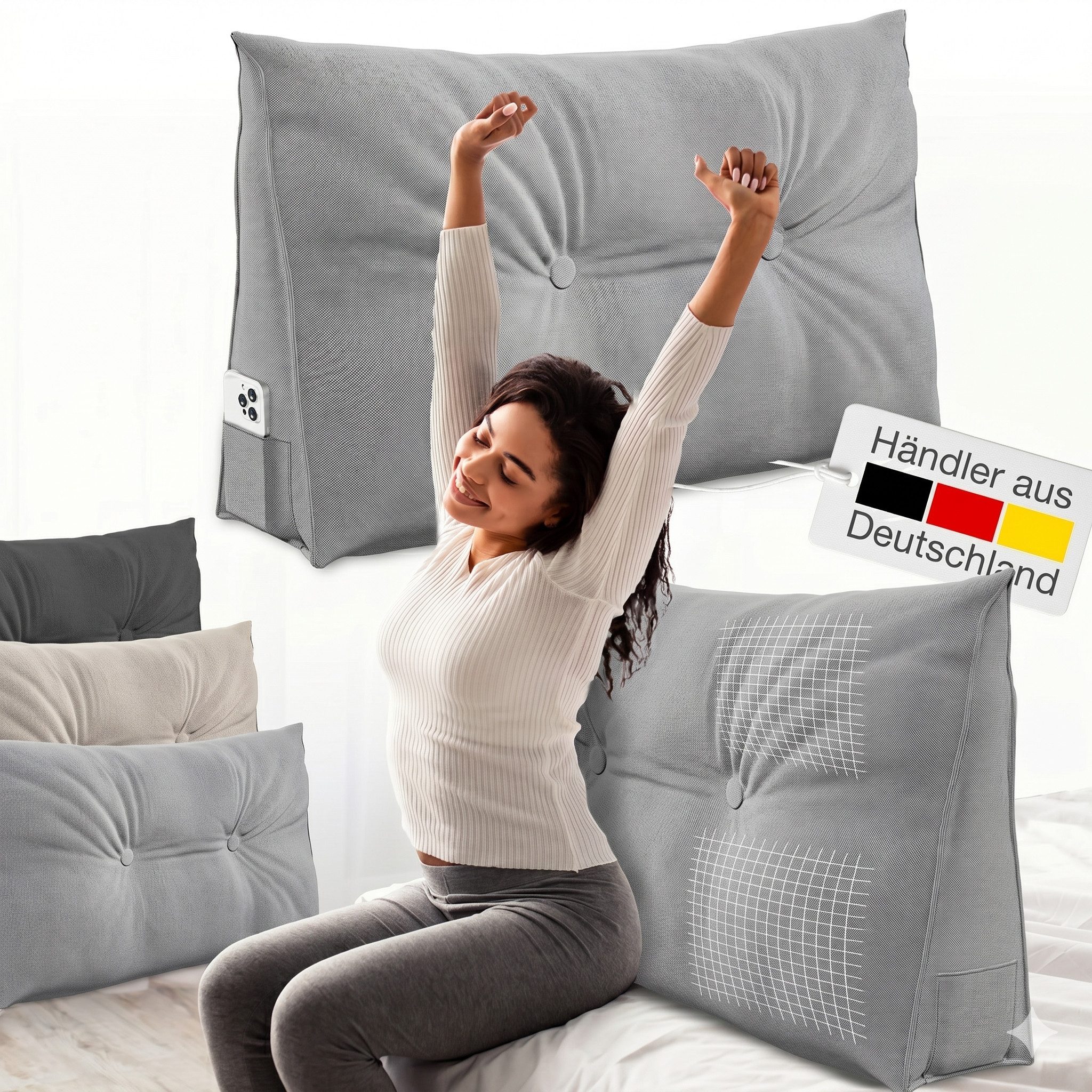 ELONEO Rückenkissen Keilkissen für Bett und Sofa, Lesekissen mit praktischem Seitenfach, 1-tlg., mit praktischem Seitenfach, Lesekissen, mit waschbarem Bezug