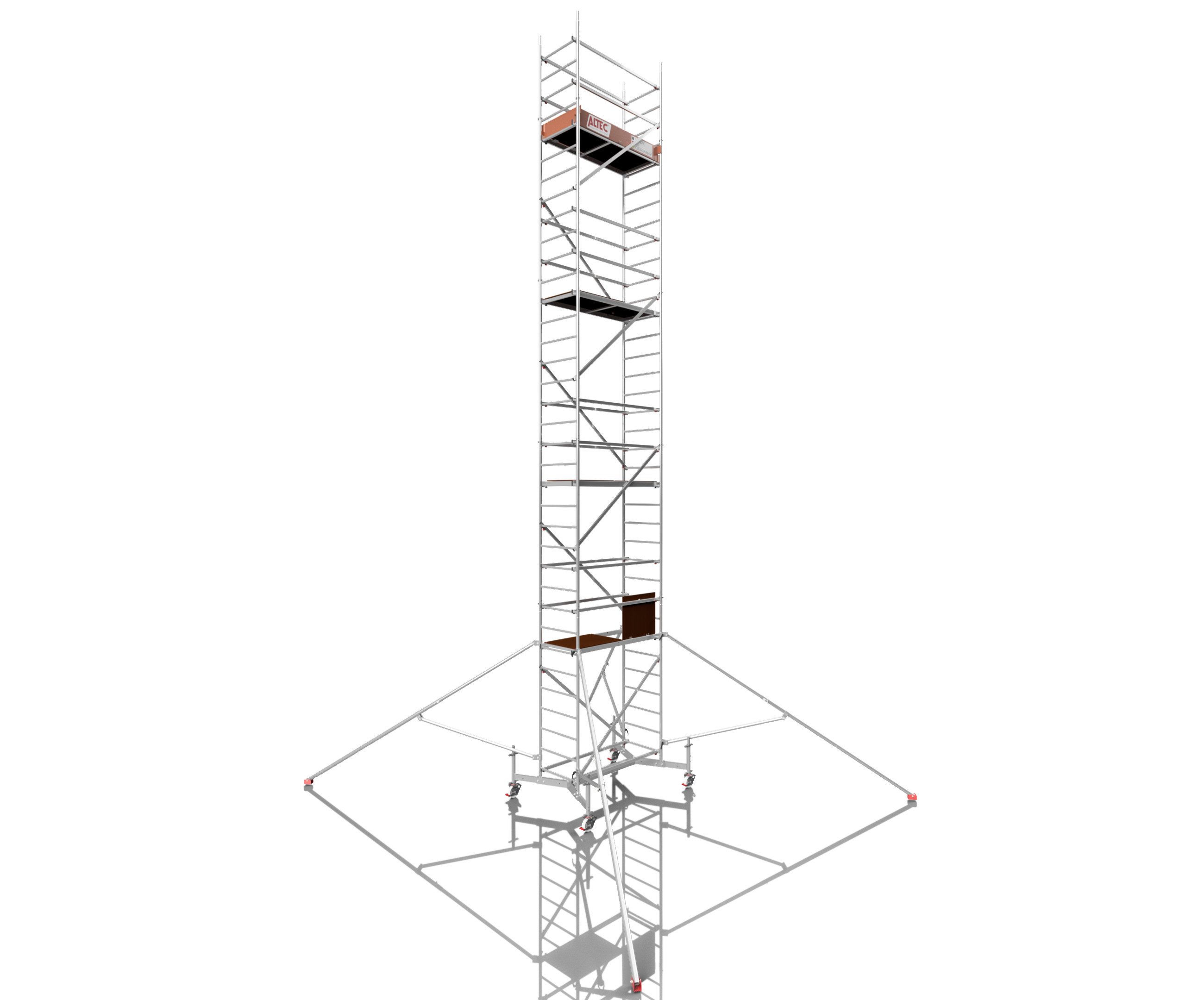 ALTEC Aluminium Fahrgerüst Rollfix 1.0, Ø150mm Rollen, teleskopierbare Traverse, Dreieckausleger, maximale Arbeitshöhe 10 Meter