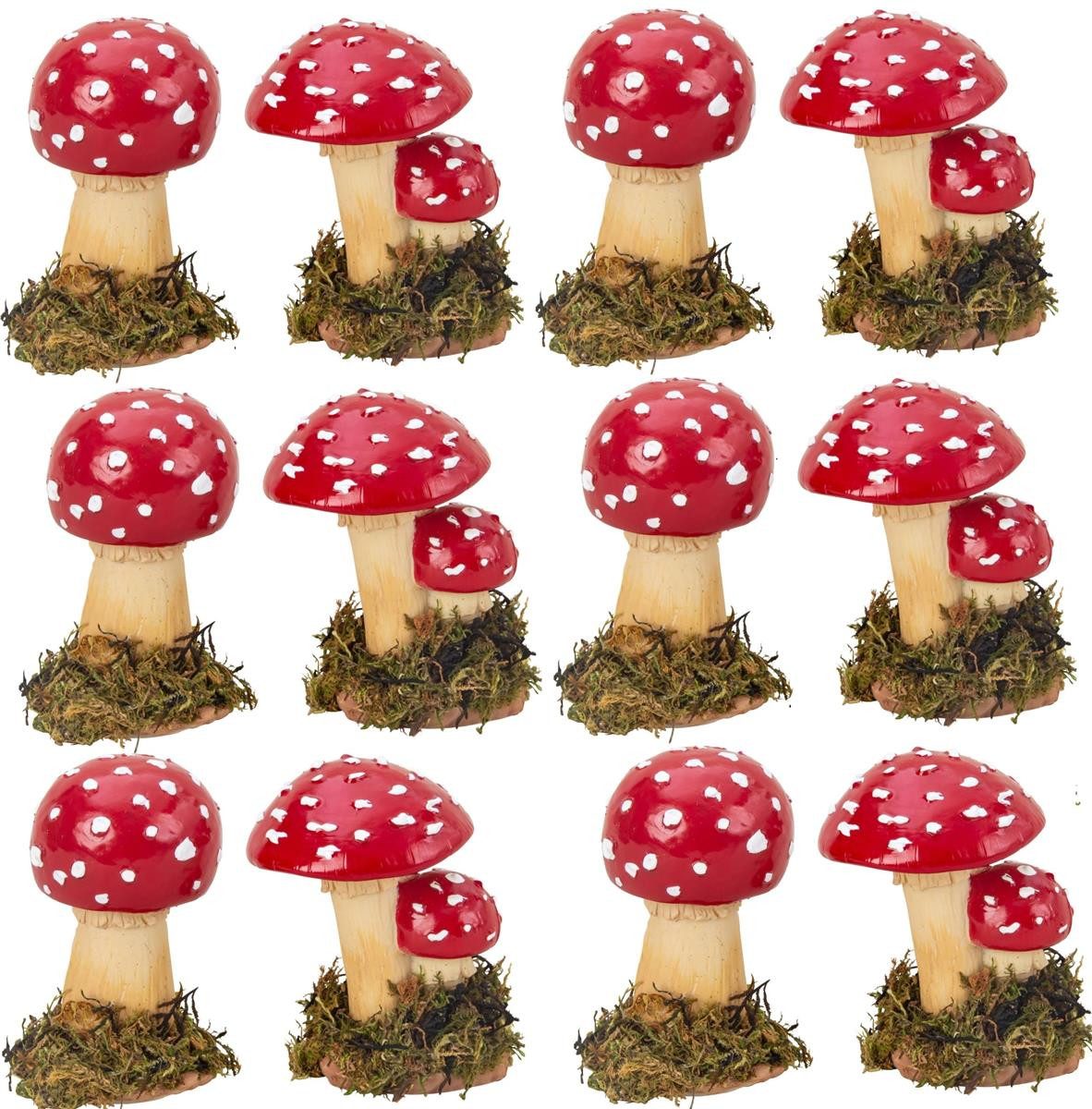 Geschenkestadl Dekofigur 12 Fliegenpilz Figuren aus Polystein – Herbstdeko – 2 Motive – 7 cm (Spar-Set, 12 St., 6x2 Fliegenpilze), detailreich verarbeitet