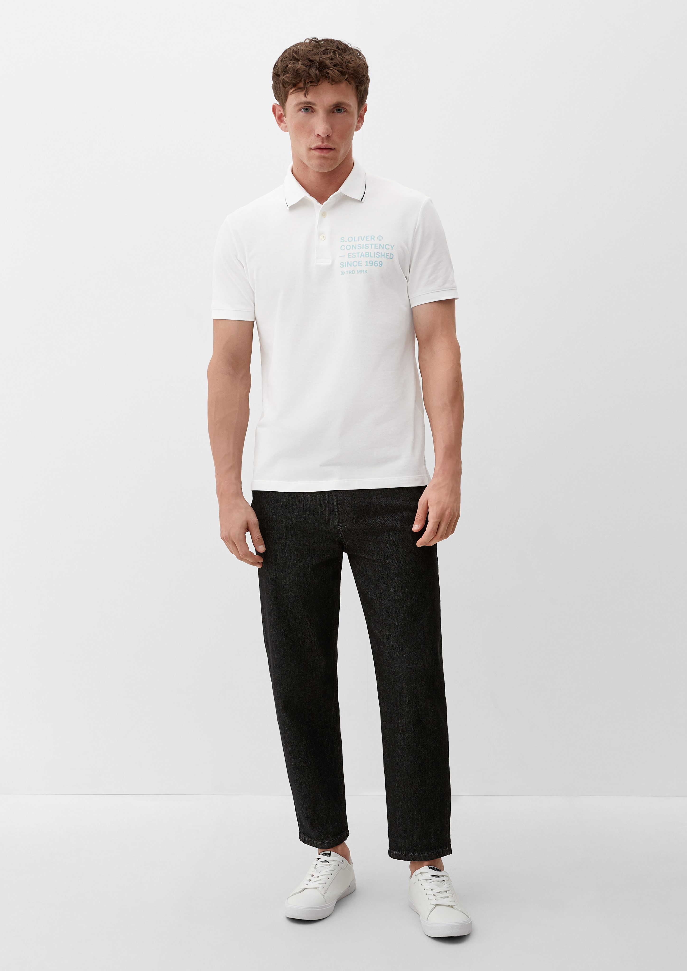 s.Oliver Artwork, Poloshirt mit Blende Kurzarmshirt weiß Piquéstruktur