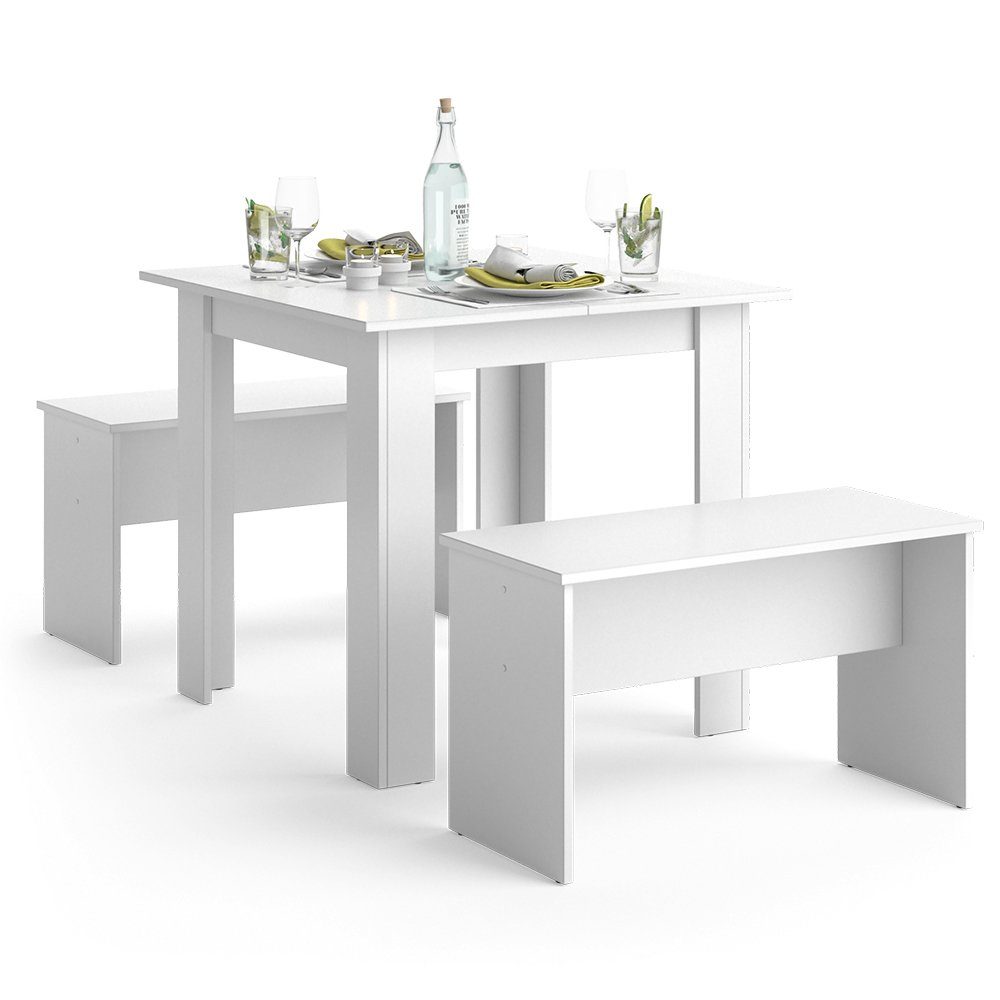 Vicco Sentio, Weiß, 80 x 80 cm mit 2 Bänken, (Set, 3-tlg., 3-er Set), platzsparend