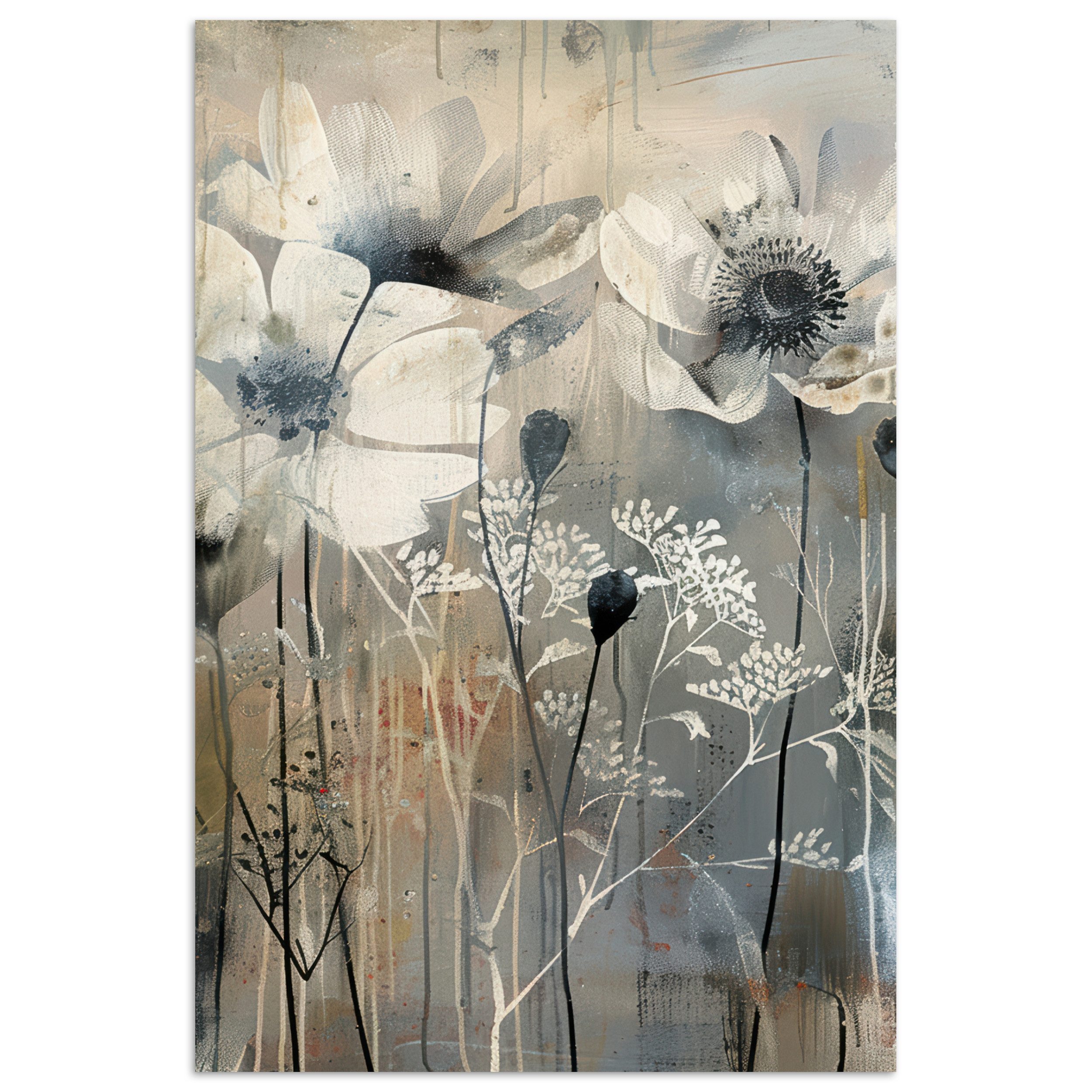 MuchoWow Poster Blumen - Pflanzen - Grau - Abstrakt, (1 St), Poster ohne Rahmen, Wandbild, Wandposter, 20x30 cm