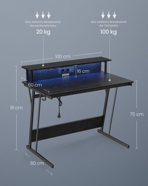 VASAGLE Schreibtisch, mit eingebauter Steckdosenleiste,LED-Beleuchtung