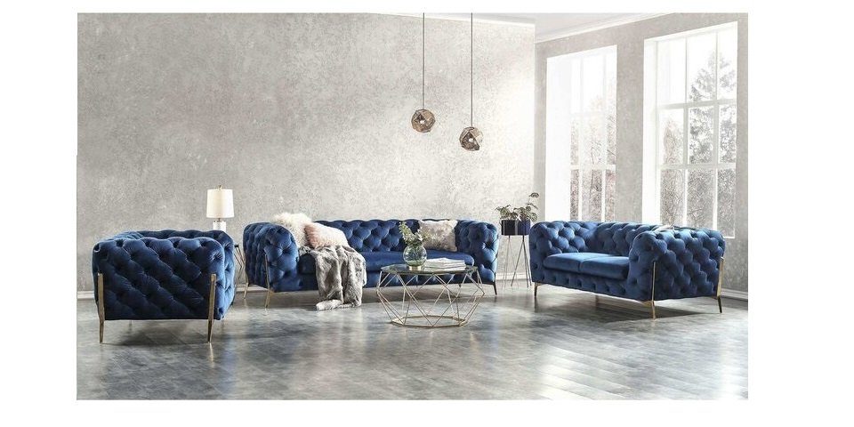 S-Style Möbel Polstergarnitur Chesterfield Ashley Polstergarnitur 3+2+1 mit Goldene Metall Füßen, (1x 3-Sitzer-Sofa, 1x 2-Sitzer-Sofa, 1x Sessel), mit Wellenfederung Marineblau | Couchgarnituren