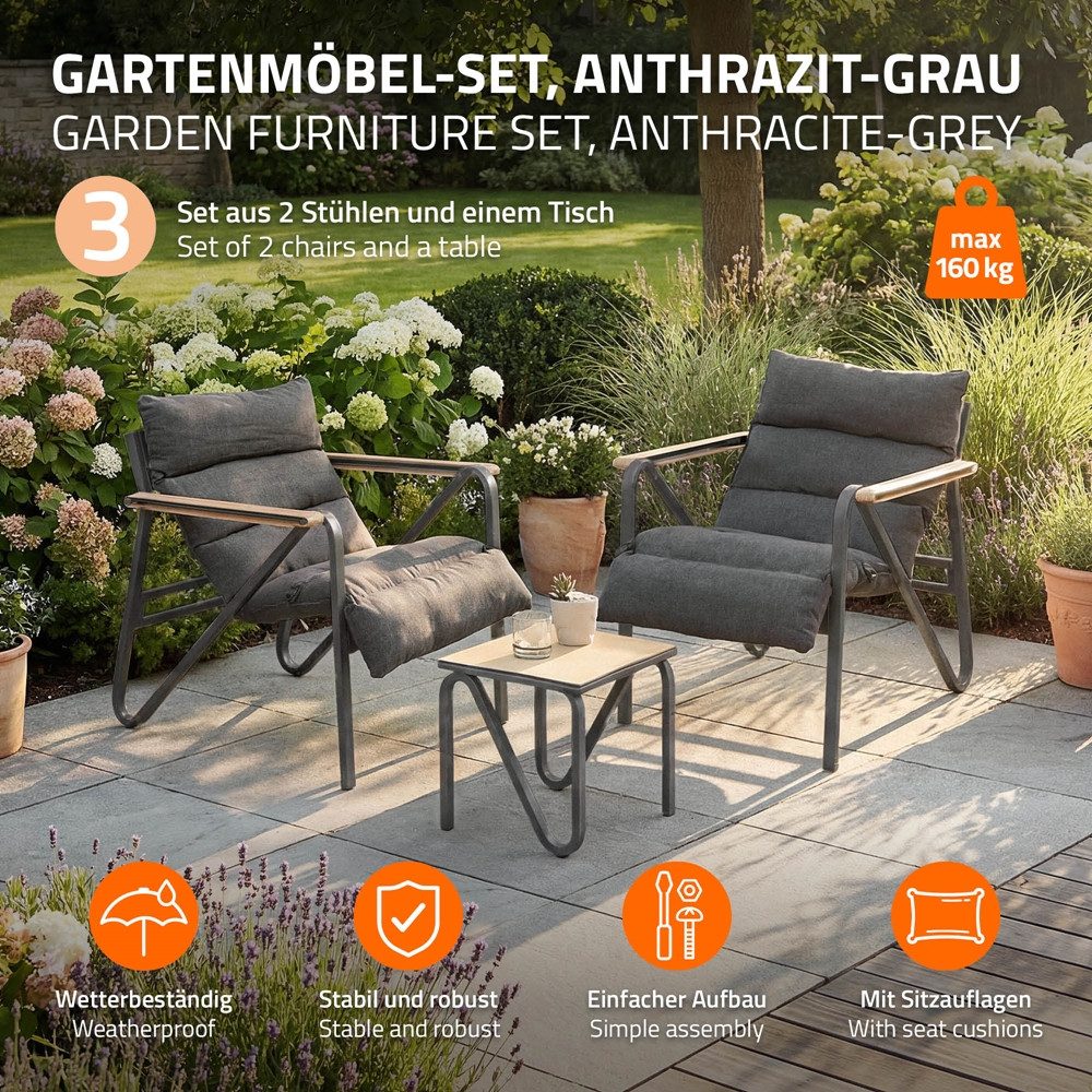 ML-DESIGN Gartenlounge-Set Gartenmöbel Set 3 tlg wetterfest, Terrassenmöbel mit 2 Stühlen & Tisch, Balkonmöbel mit Stahlgestell Sitzgruppe für Garten Terrasse Balkon