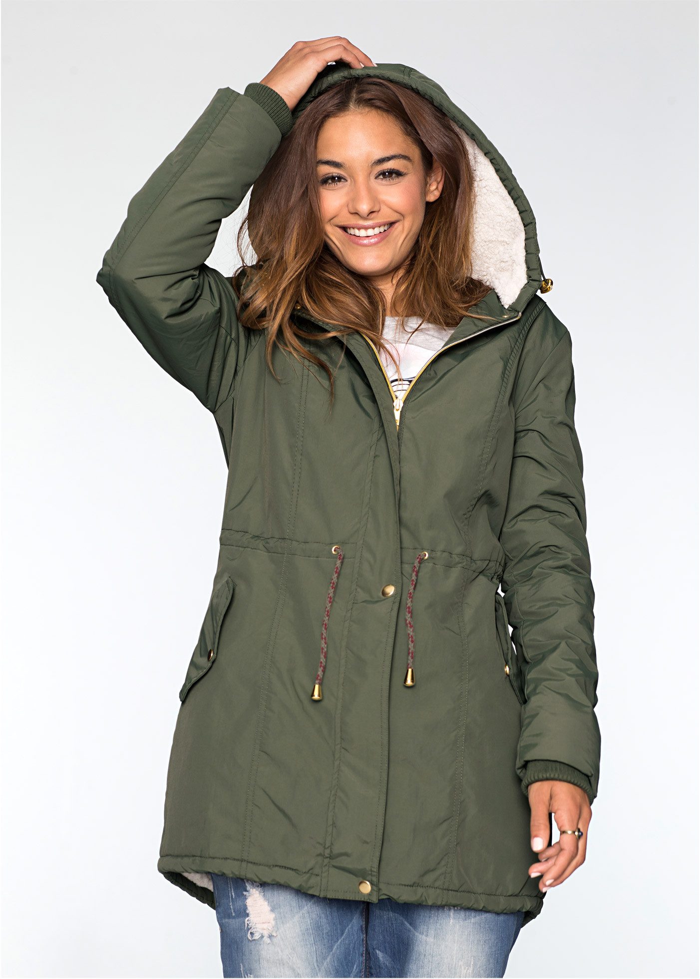 bonprix Parka modischer Stil, mit Teddy-Fleece, mit Kapuze, lockere Passform