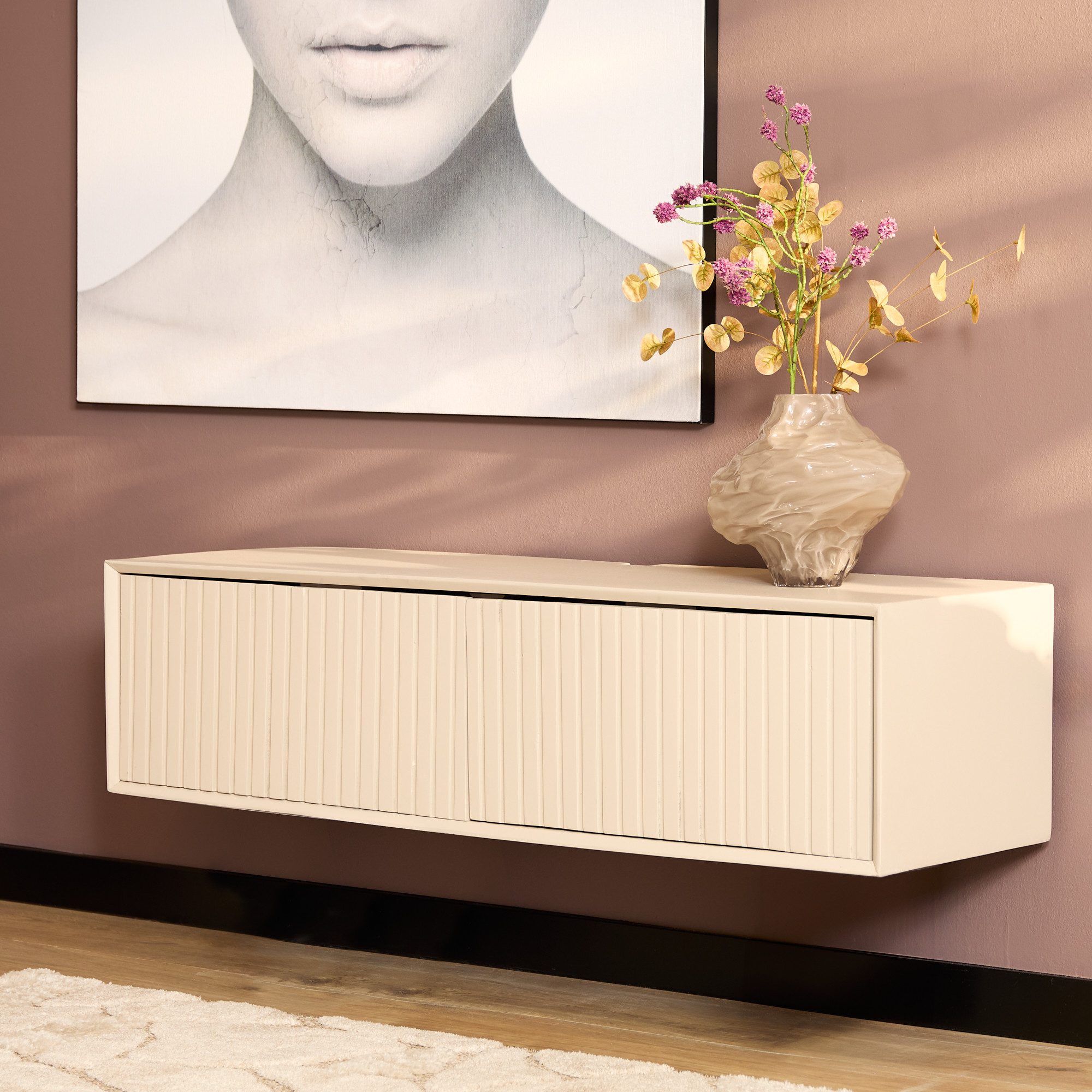 Villa Möbel TV-Board (Packung, 1 St., 1 St. TV Möbel), Mangoholz Sand, Lamellendesign, schwebend mit Pushfunktion
