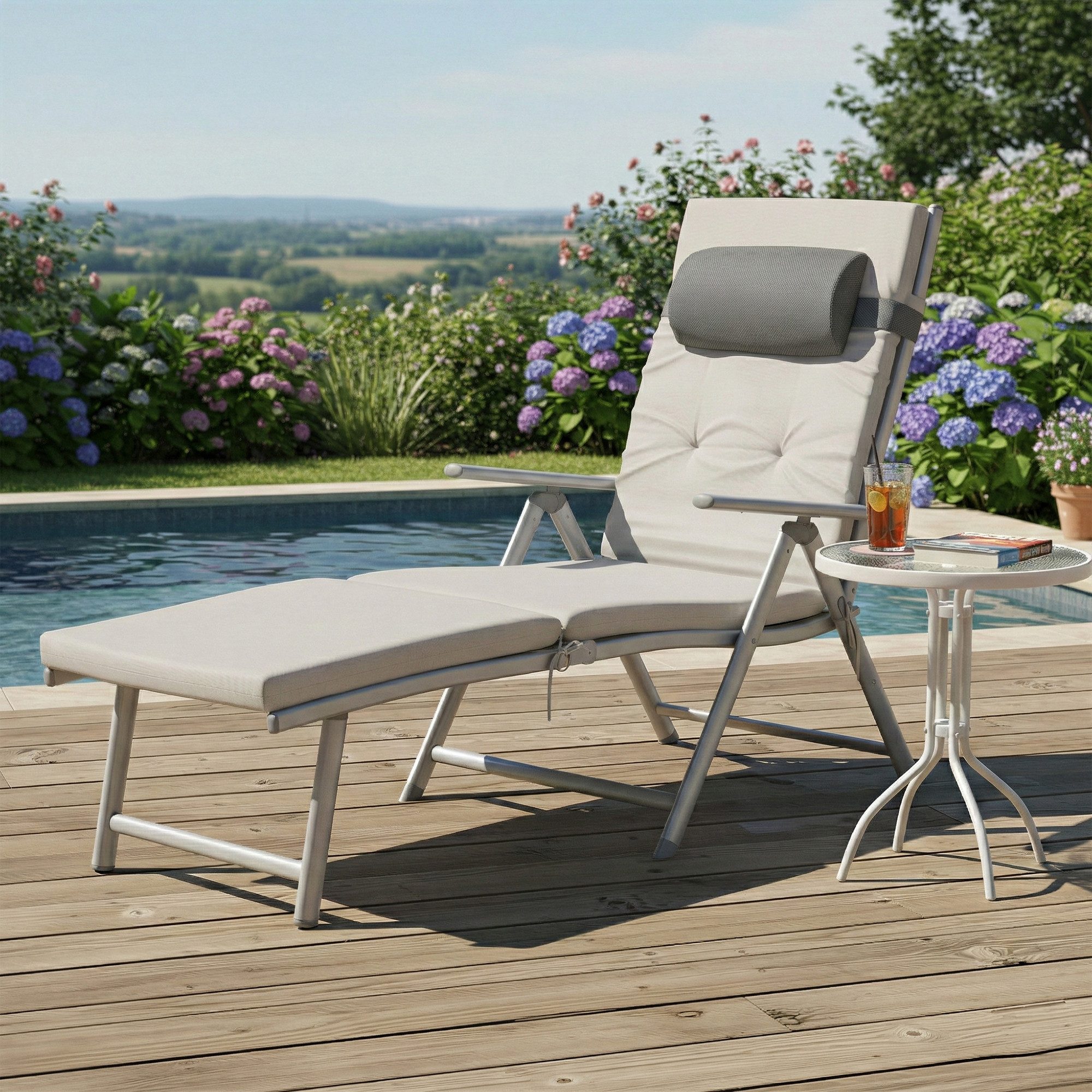 SONGMICS Gartenliege Sonnenliege, klappbar, atmungsaktiv, einstellbare Rückenlehne, 1 St., mit 6 cm dickem Polster, abnehmbares Kopfkissen, bis 150 kg belastbar, 58 x 183 cm