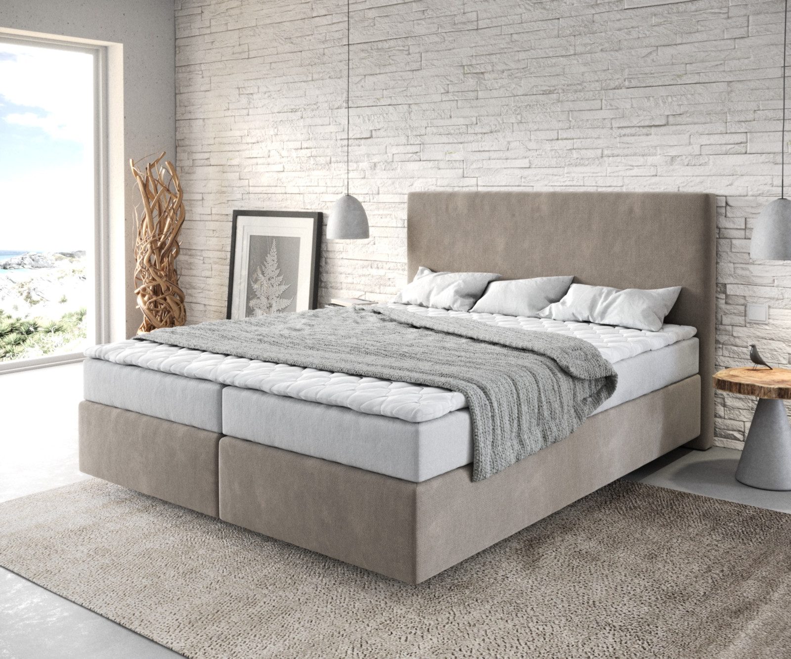 DELIFE Boxspringbett Dream-Well, Mikrofaser Beige 160x200 cm mit Matratze und Topper