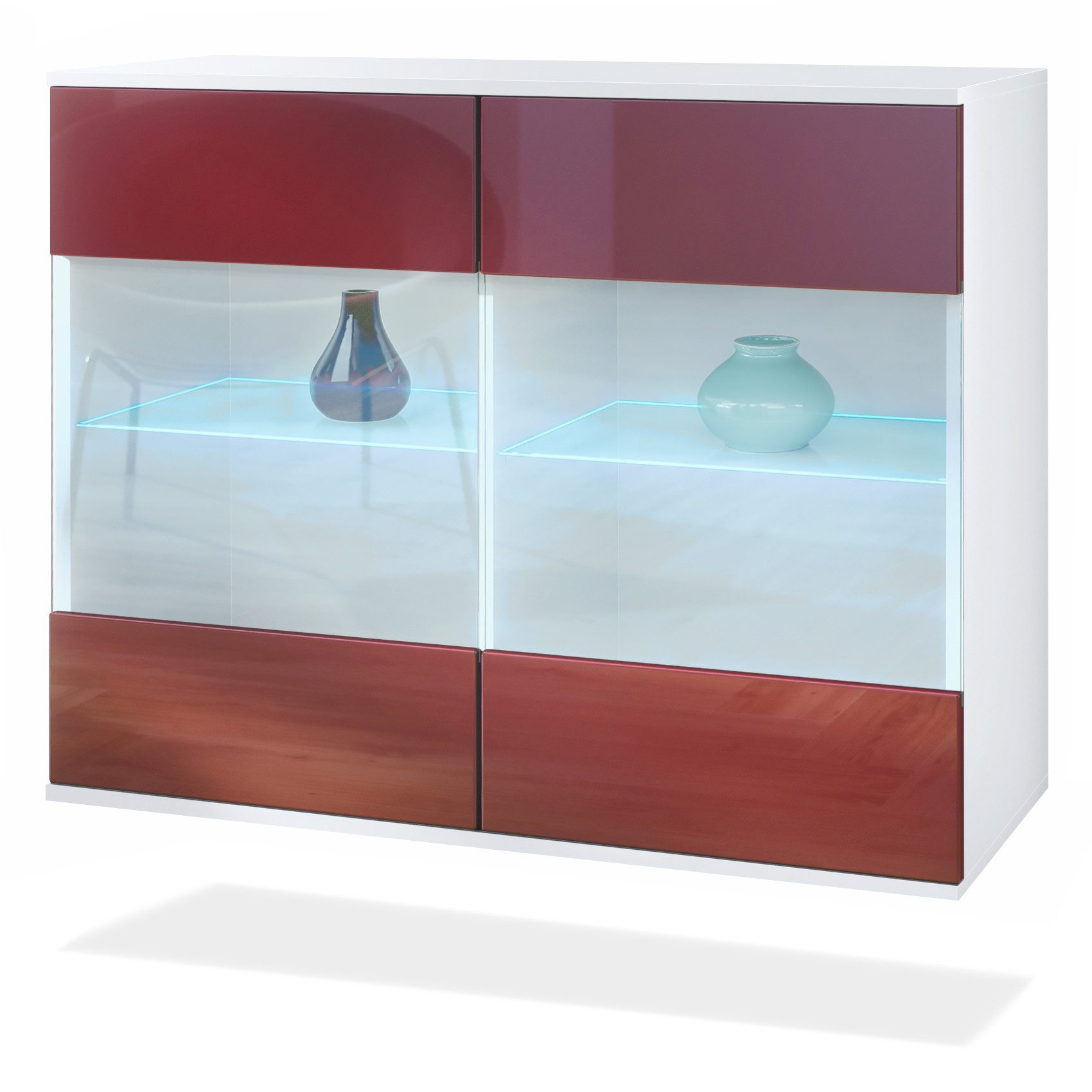 Vladon Kommode Bari V3 (Moderner Küchenschrank, mit 2 großen Glastüren inkl. RGB Beleuchtung), Weiß matt / Bordeaux Hochglanz (92,5 x 73.5 x 35)