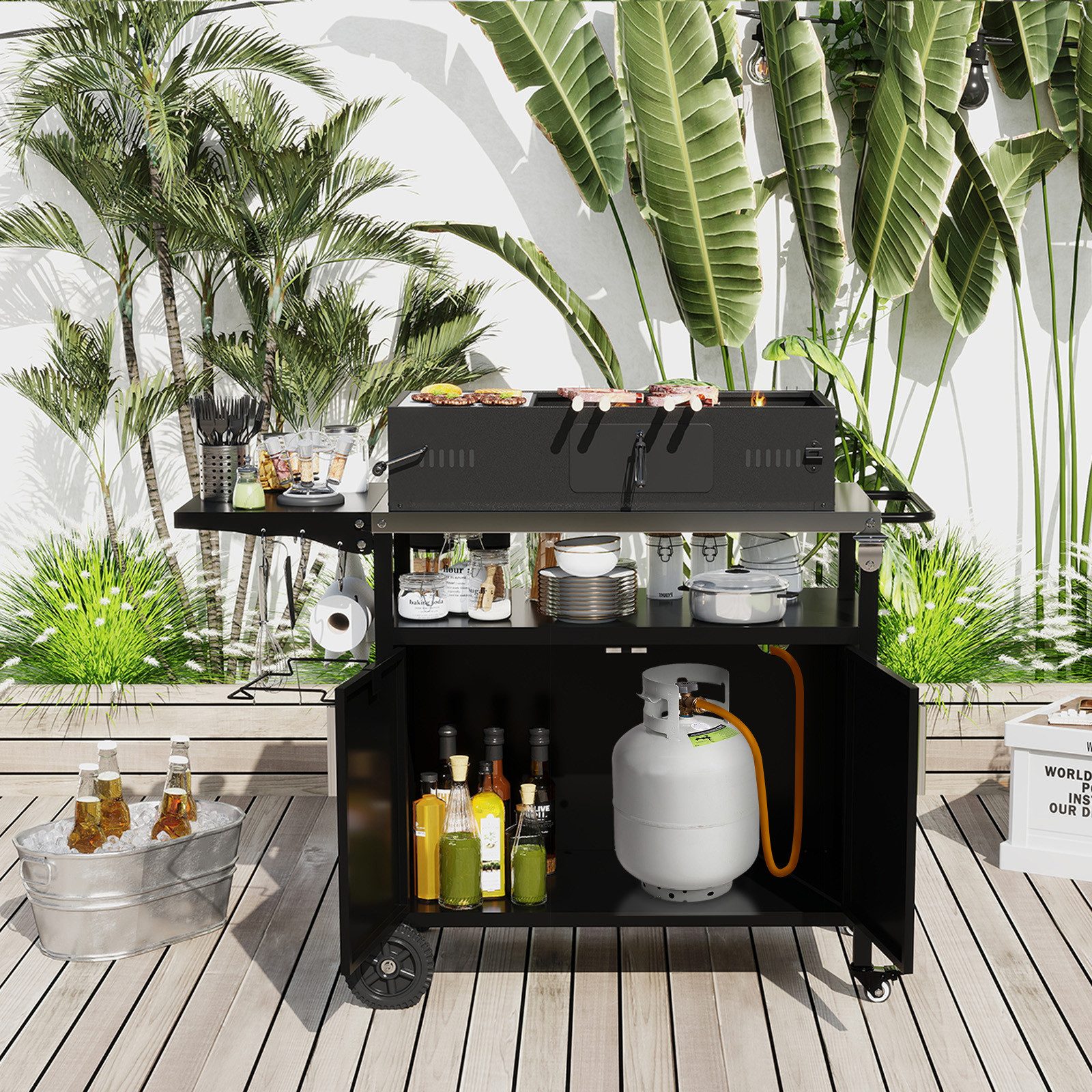 COSTWAY Grillablagetisch, Grillwagen mit klappbarem Seitentisch, bis 100 kg