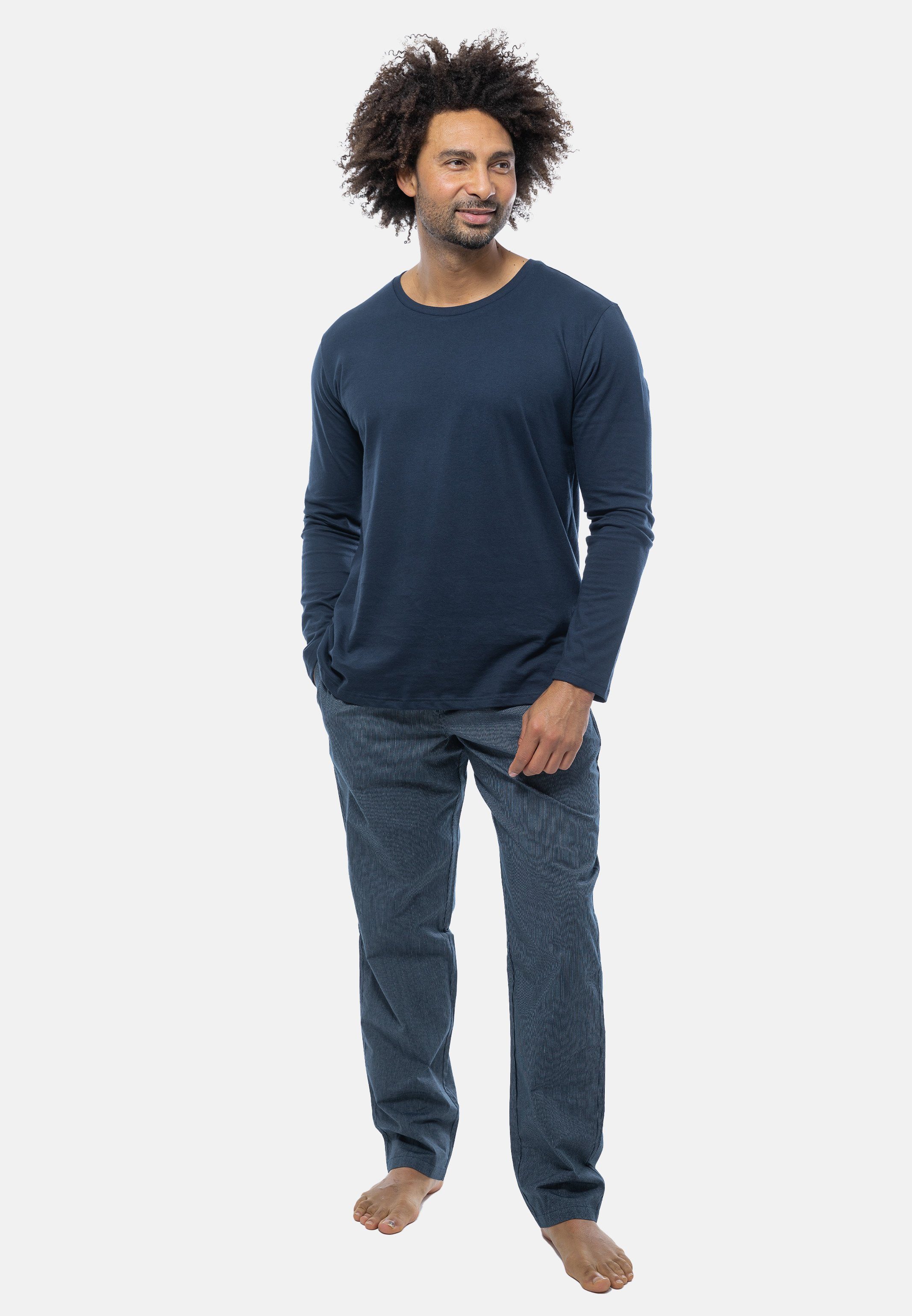 Schiesser Pyjama Mix (Set, 2 tlg) Schlafanzug - Baumwolle - Langarm-Shirt mit Rundhals-Ausschnitt Blau gemustert
