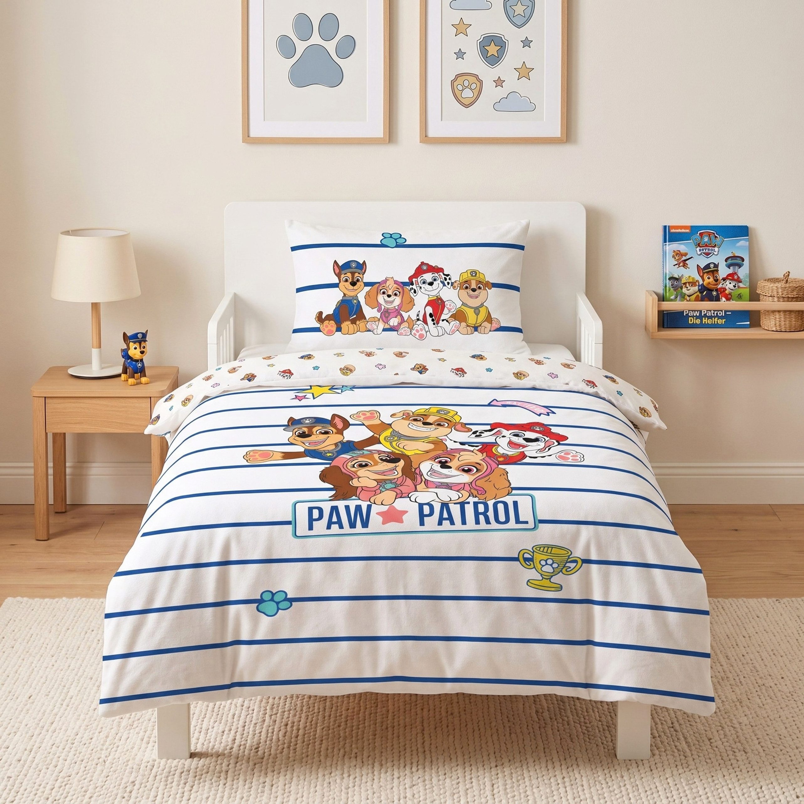 MTOnlinehandel Babybettwäsche Paw Patrol 100x135 cm Flanell, Chase & Freunde, 100% Baumwolle, 2 teilig, Wendemotiv mit Marshall, Skye, Rubble & Zuma
