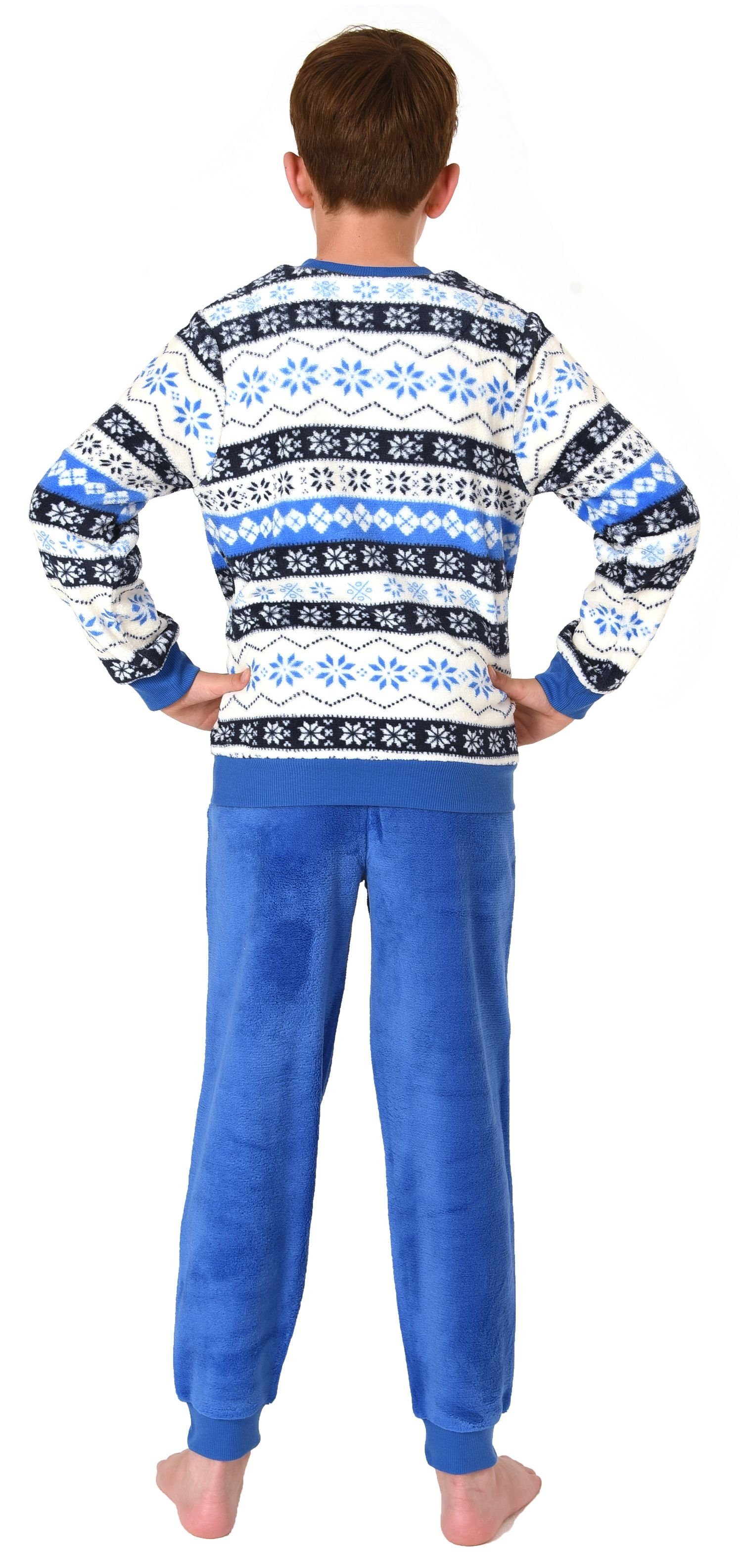 Bündchen Look Norweger Normann Pyjama Schlafanzug mit langarm Kinder Coralfleece aus blau