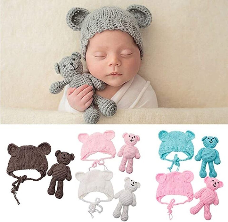 Neugeborenen-Geschenkset & Matissa Puppe Dad Fotoshooting und Matissa Hut für Bär Neugeborenen Braun Strick