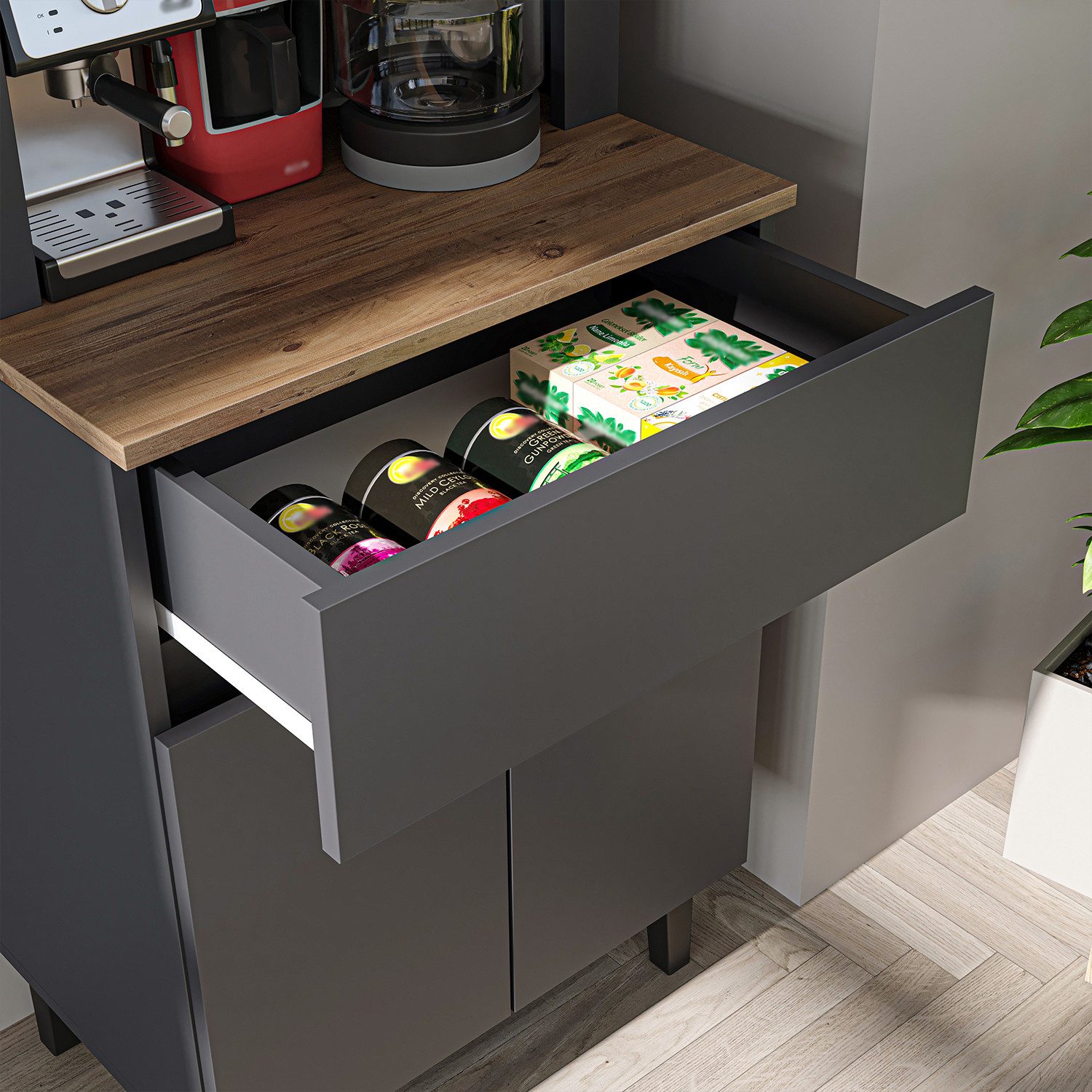 Roomart Küchenregal VENEDIK Küchenschrank 60 cm, Buffet, Schublade in 4 Farben, Buffet- & Mehrzweckschrank, LED Bogennische, Schublade, 4 Farben, 18 mm Platten