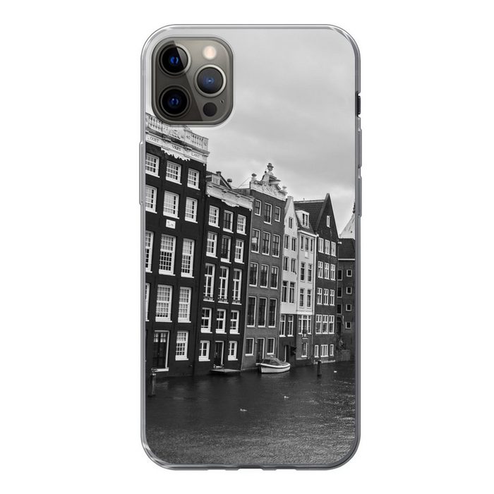 MuchoWow Handyhülle Amsterdam Grachten Schwarz-Weiß-Fotodruck Handyhülle Apple iPhone 12 Pro Max Smartphone-Bumper Print Handy