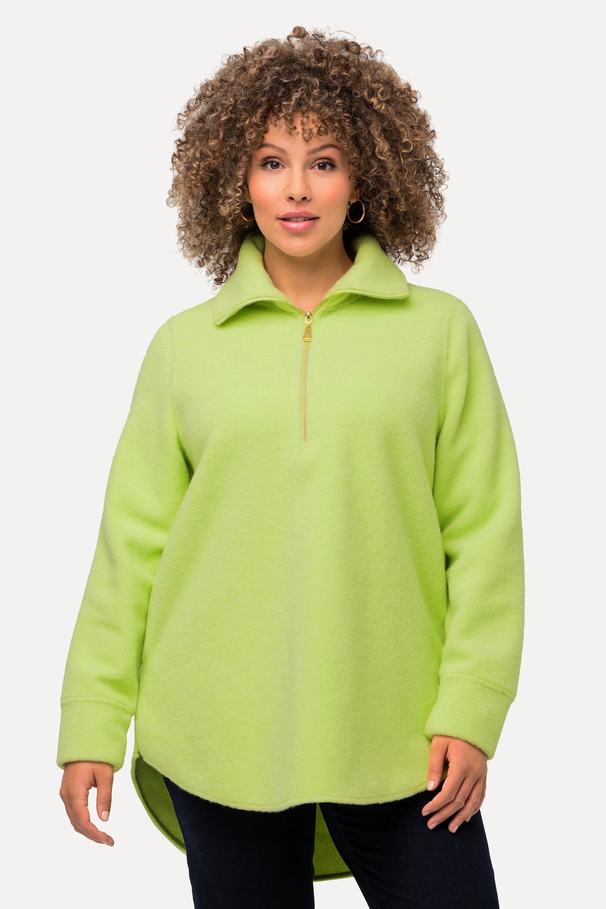 Ulla limettengrün Sweatshirt Popken Zipper Langarm Fleeceshirt Stehkragen A-Linie