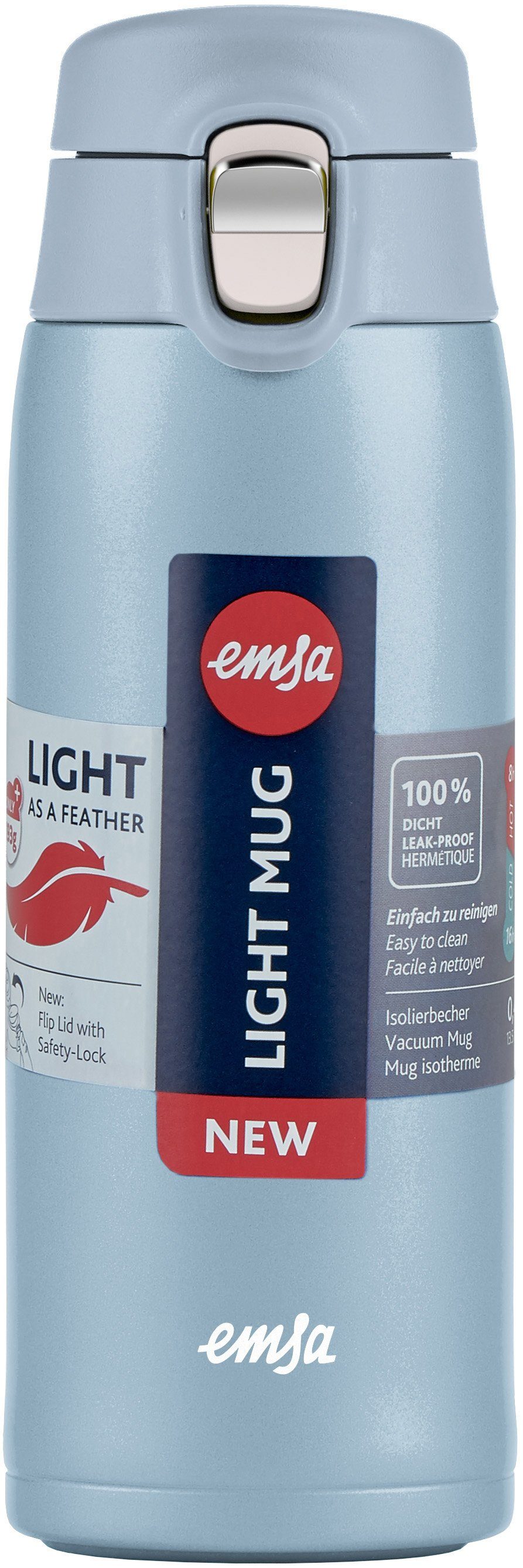 Emsa Thermobecher Travel Mug, Edelstahl, Kunststoff, 0,4L, leicht, Edelstahl, Klappverschluss, 100% dicht, 8h heiß/16h kalt