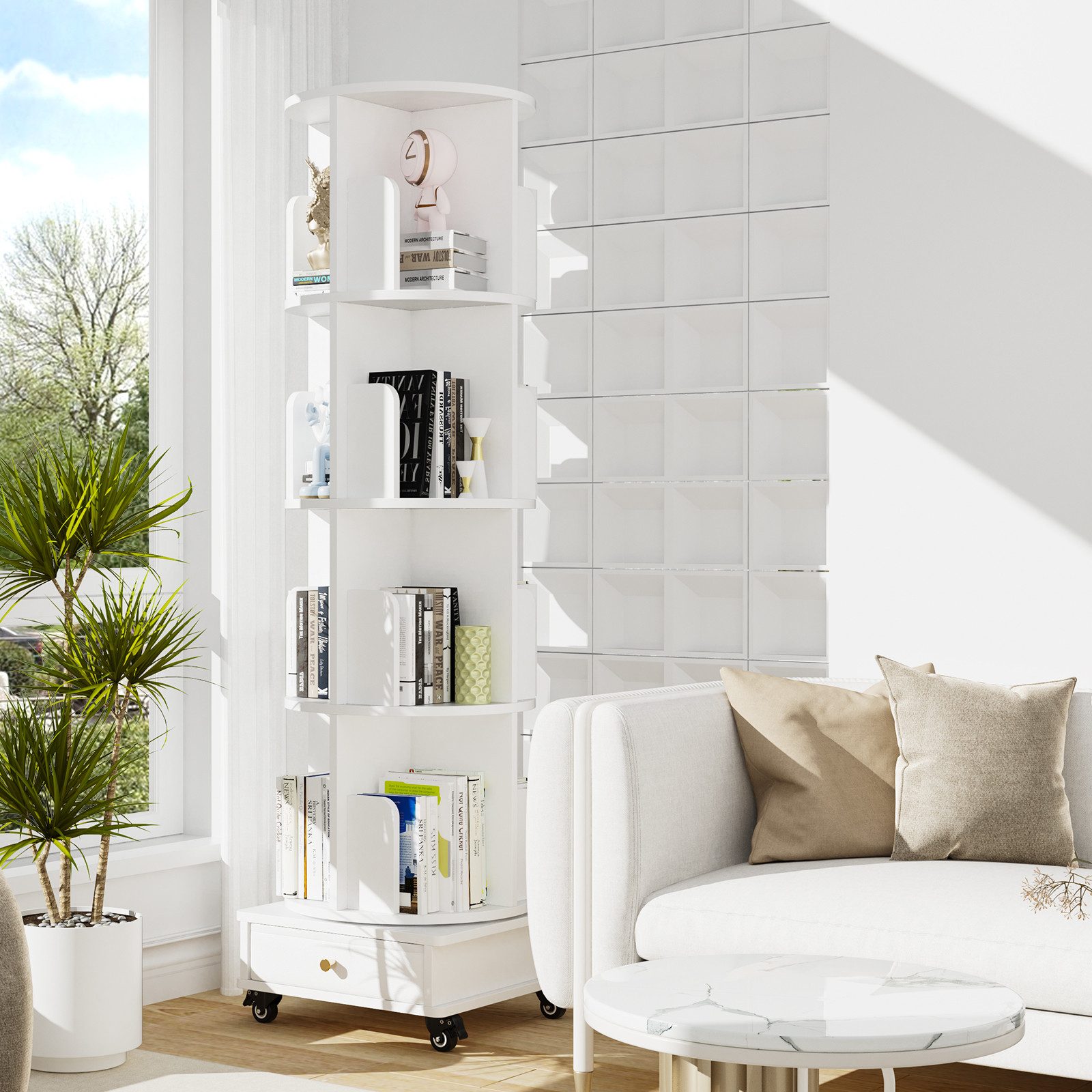 JEOBEST Bücherregal Drehbares Bücherregal, Rollende Bücherregale auf Rädern, 5-stöckiges mit Schublade, 360-Grad-Display, Multifunktionaler – Bild 3 von 5