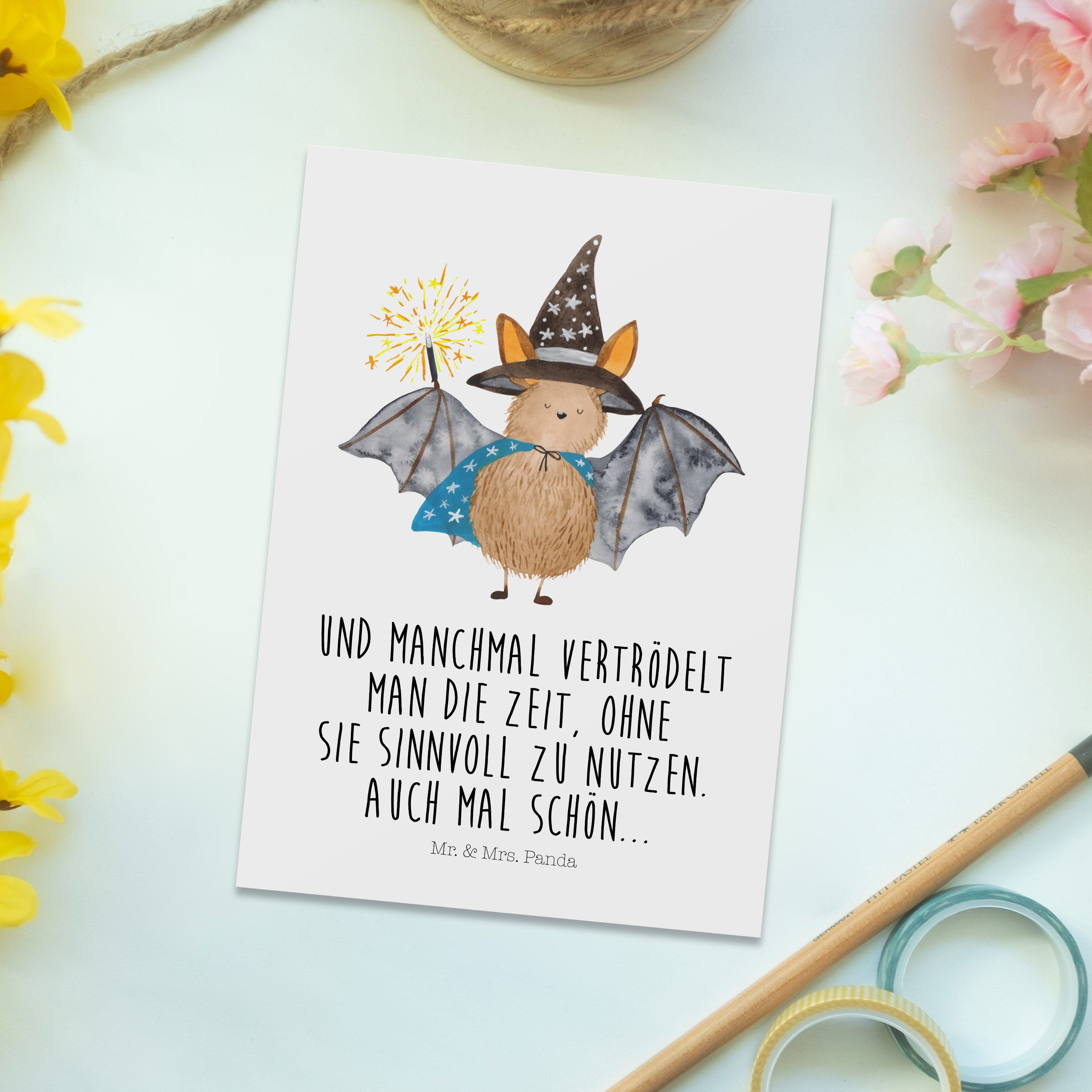 Mr. Geburtstagskarte, Geschenk, Postkarte - Zauberer & Panda - Weiß Fledermaus F Grußkarte, Mrs.