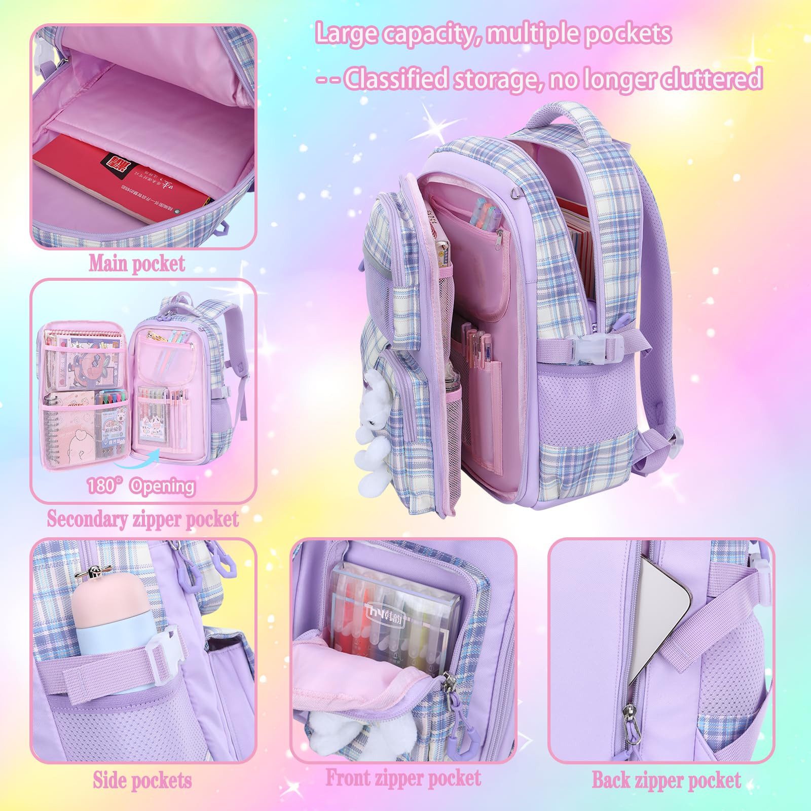 MOPUEA Schulrucksack Schulrucksack Set 3-tlg Wasserabweisend Ergonomisch mit Viele Fächer (Schulrucksack Set mit Lunchtasche und Federmäppchen, Rucksack Lunchta – Bild 2 von 5