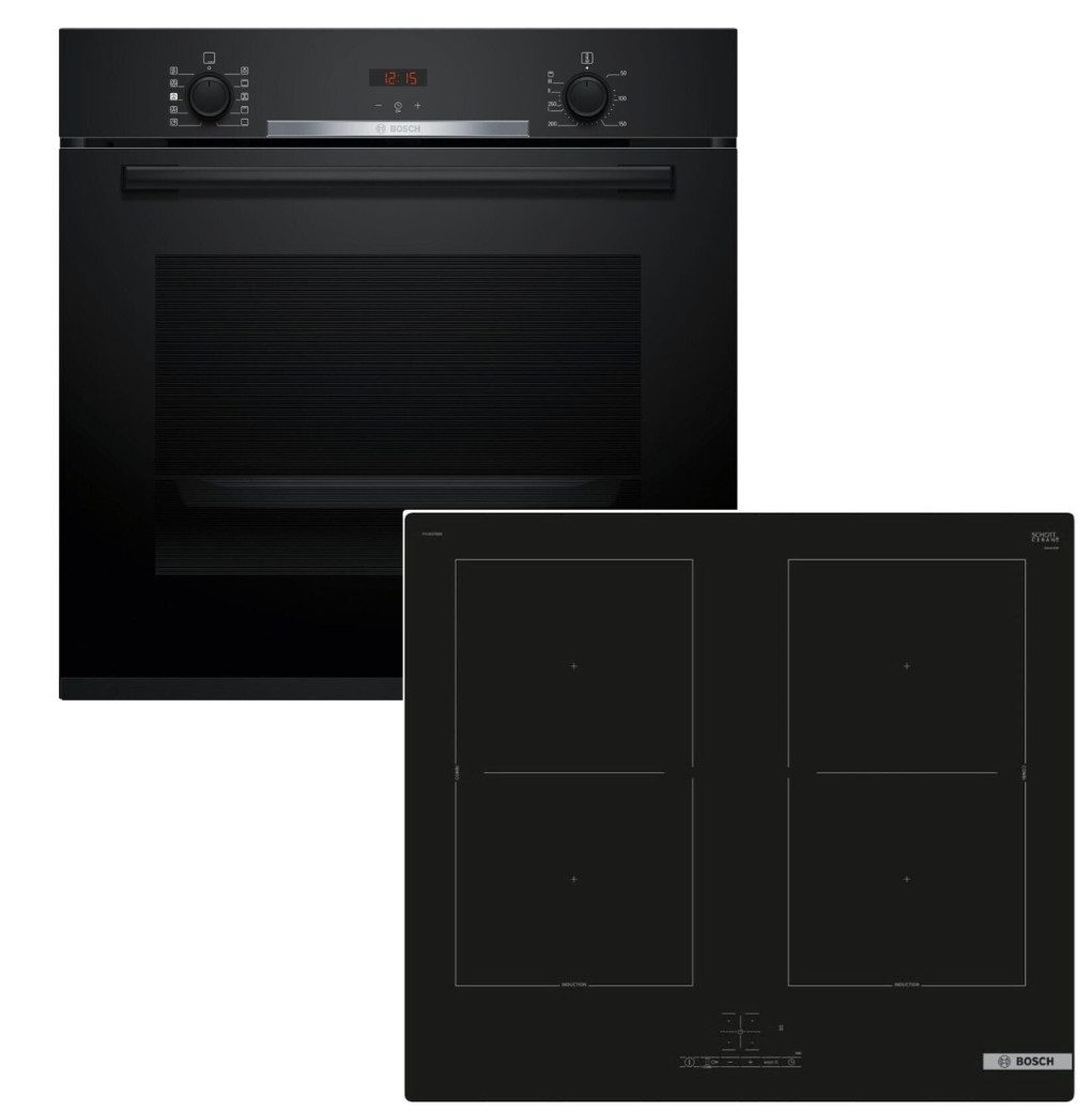 BOSCH Backofen-Set Hydrolyse Teleskopauszug 71 L + Induktionskochfeld Booster autark 60cm