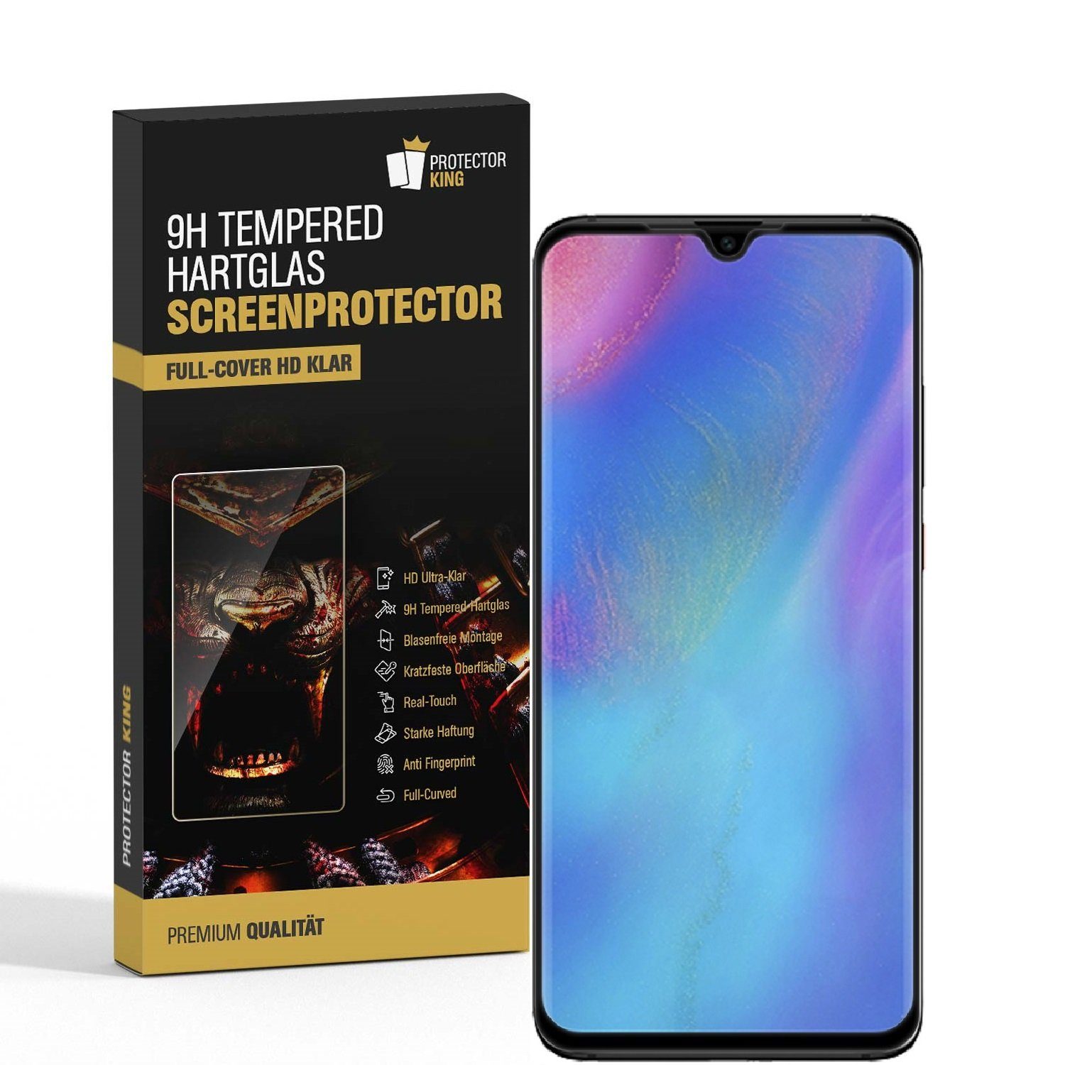 Protectorking Schutzfolie 1x 9H Panzerglas für Huawei P30 FULL COVER Displayschutz Schutzglas, (1-Stück), Displayschutzglas, Schutzglas Echtglas Tempered 9H Härte HD-KLAR