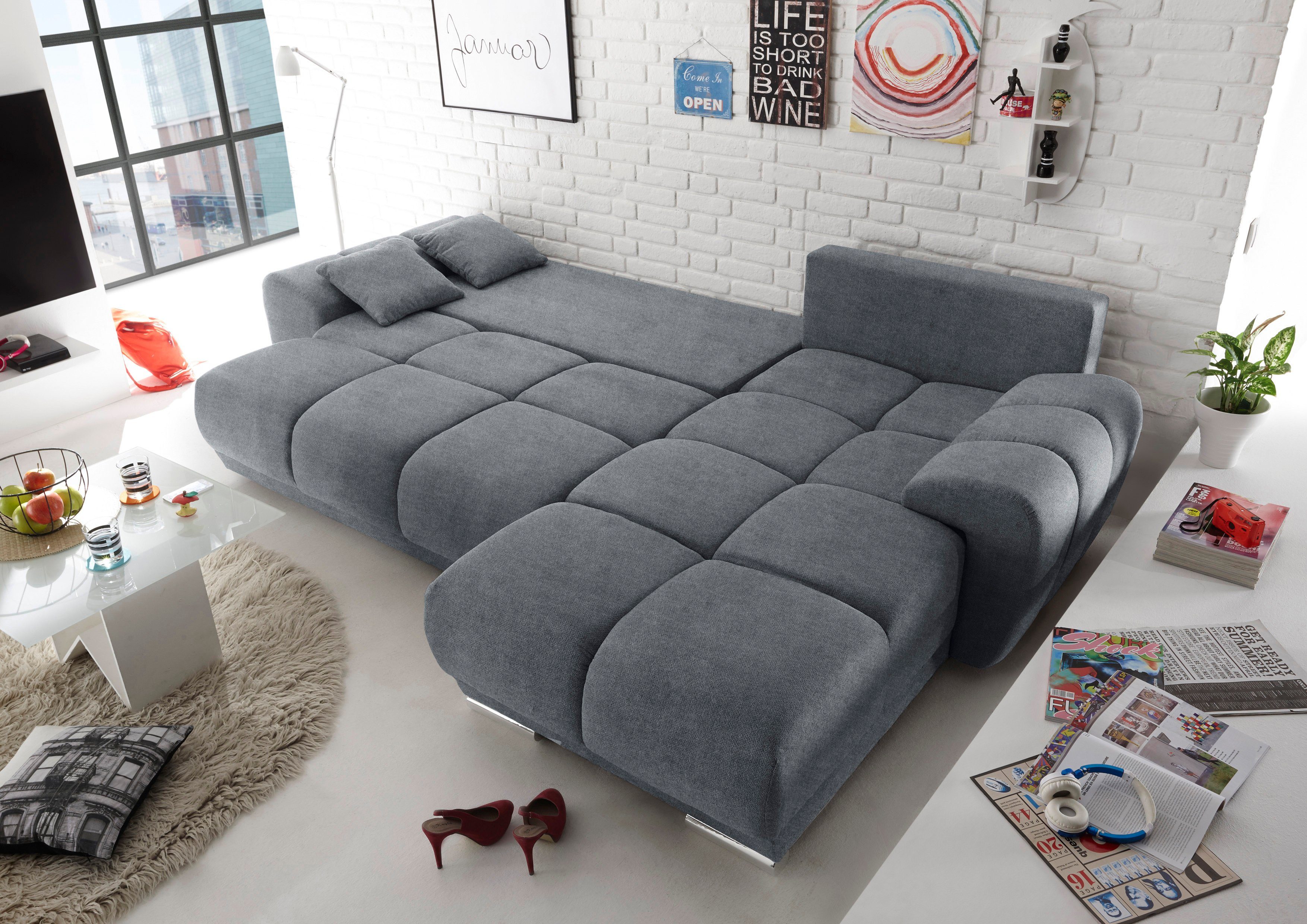 ED EXCITING DESIGN Ecksofa Anton L-Form, mit Bettfunktion, Bettkasten & 2 Zierkissen