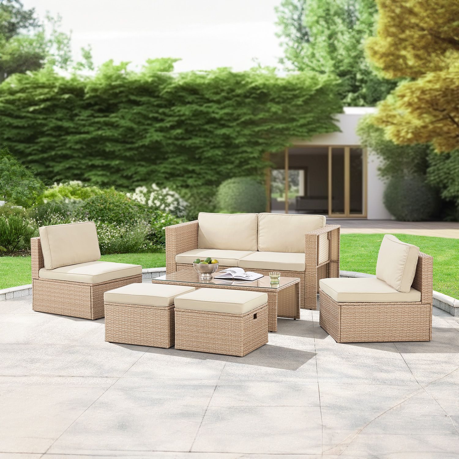 Juskys Gartenlounge-Set Salou, (6-tlg), für 6 Personen, Polyrattan, Glasplatte, wetterfest, mit Kissen