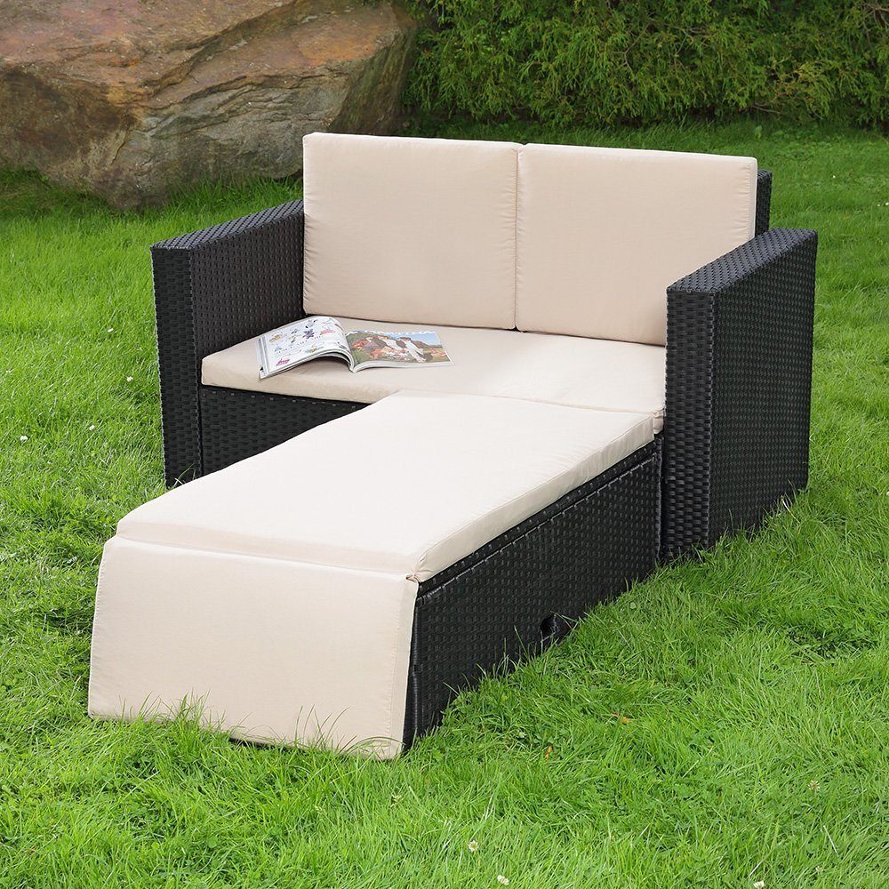 Melko Gartenlounge-Set Gartensofa Lounge Sessel Gartenmöbel aus Polyrattan und klappbare Fußbank in Schwarz, Grau und Braun Gartensofa Sitzgarnitur Hocker XXL Balkon Sitzbank Liege, (Set, 2-tlg), Kissen inkl. Reißverschluss, daher abnehm- und waschbar