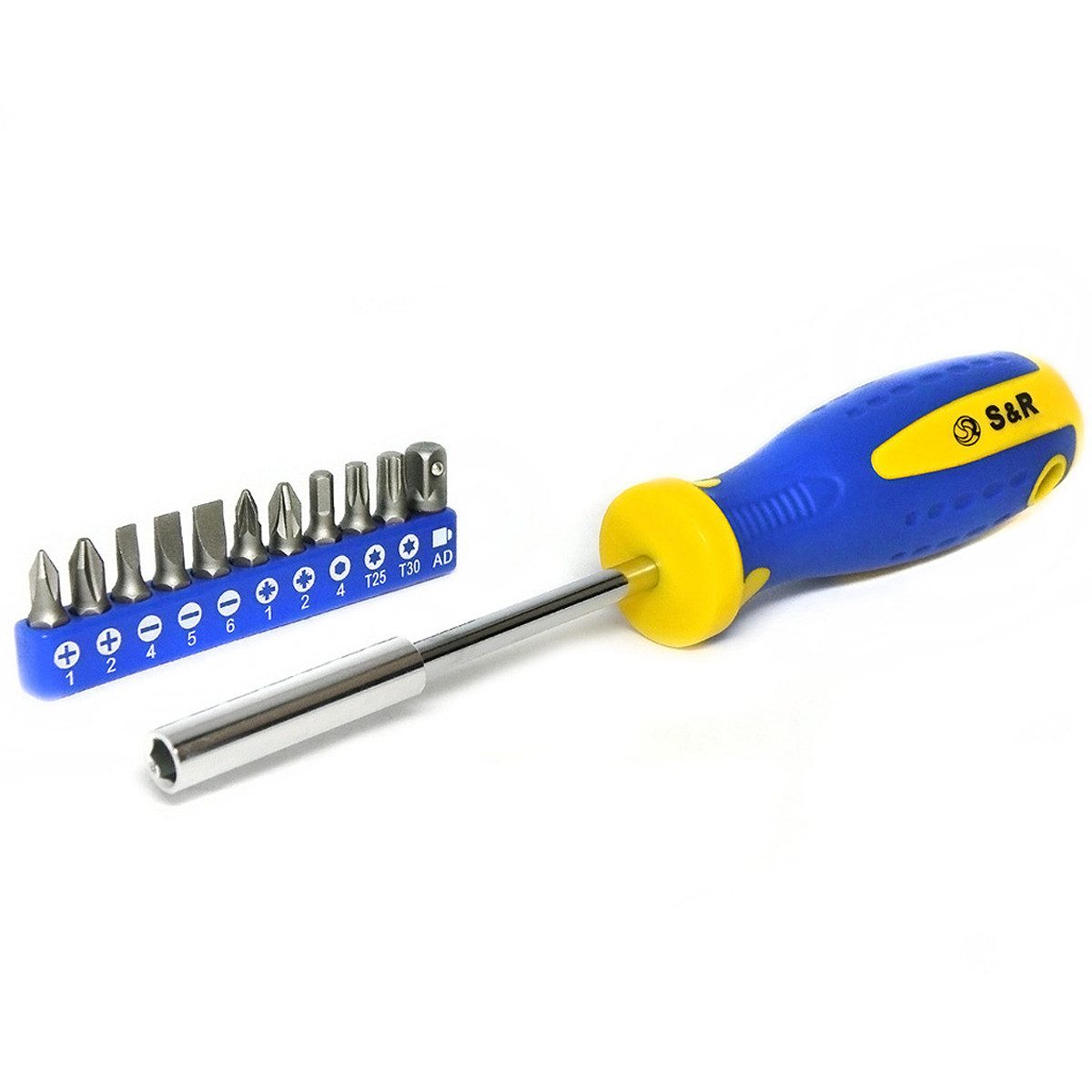 S&R Bit-Schraubendreher magnetisch mit Bitsatz, 11-teilig, handschonender Kraftform-Griff, (Satz, 11 St., PH 1/2, -PZ 1/2, Schlitz 4/5/6, Sechskant 4, TX 25/30, Adapter 1/4), rostfreier Bithalter, Universalschraubenzieher