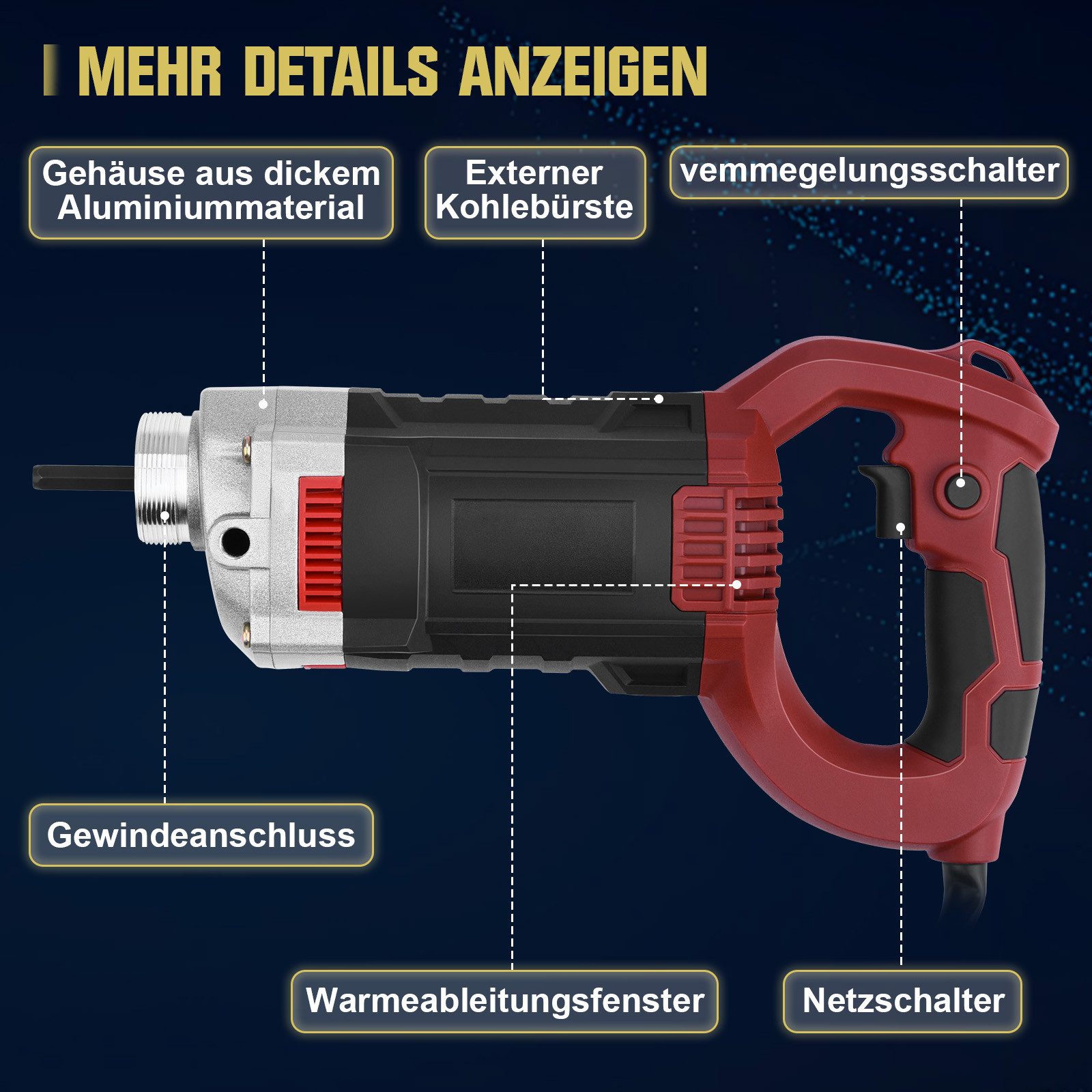 XERSEK Betonmischer Betonrüttler 1800W, Rührwellendrehzahl 6000 U/min, Elektro Betonverdichter, 35 mm Flaschenrüttler, 1.5m SCHLAUCHLÄNGE