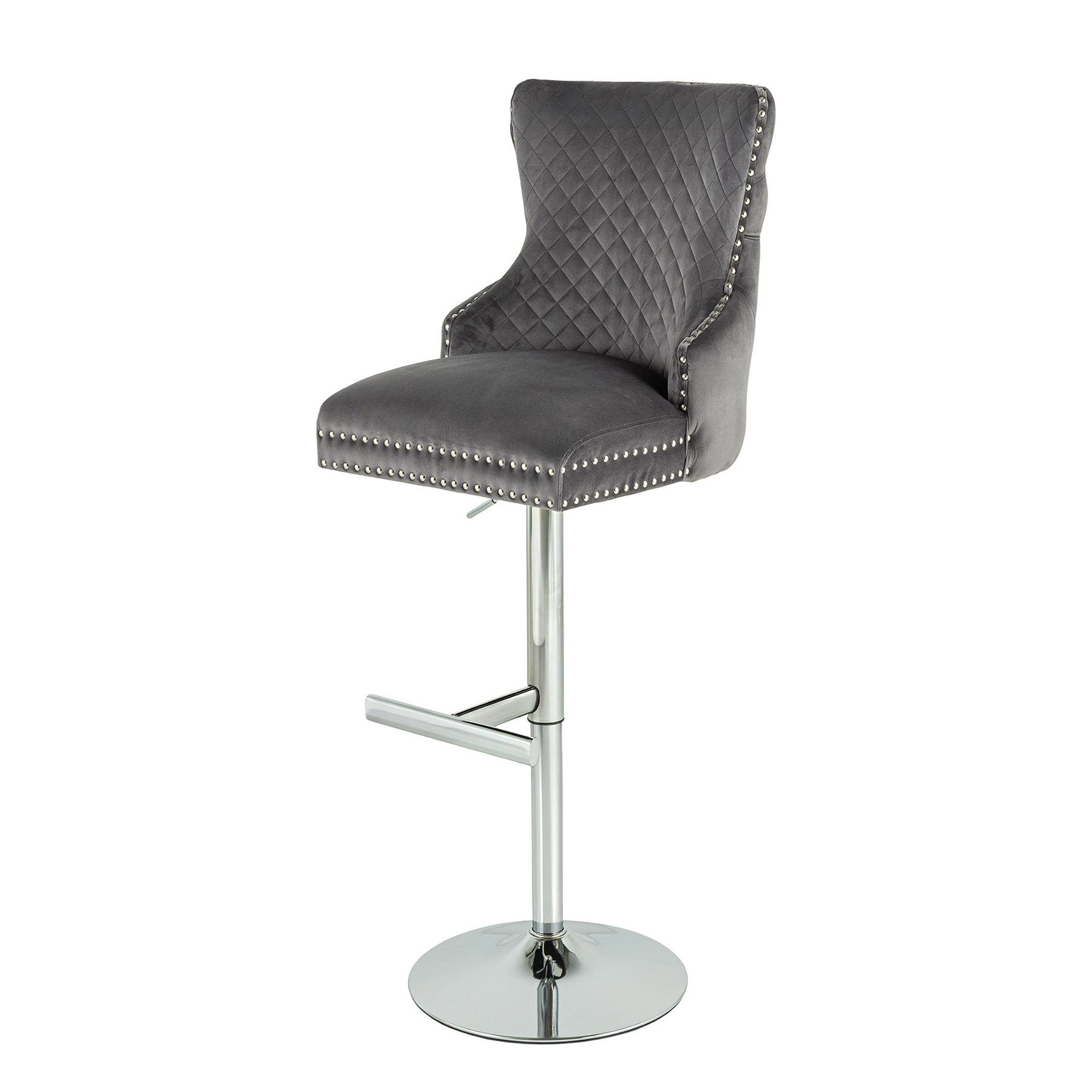 Barhocker CASTLE DELUXE grau/silber · Barstuhl aus Samt mit Löwenkopf & Nieten
