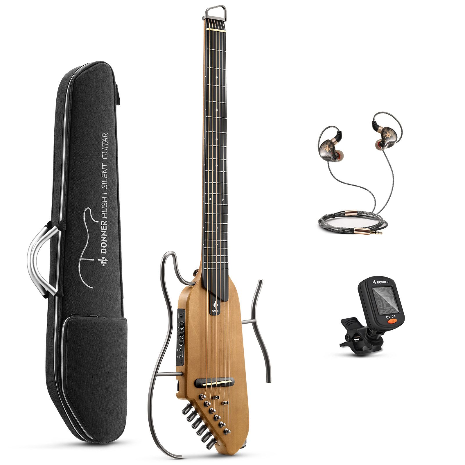 Gitalele Donner HUSH™ I Akustik-E-Gitarre Kopflose Ahornholz mit Kopfhörern