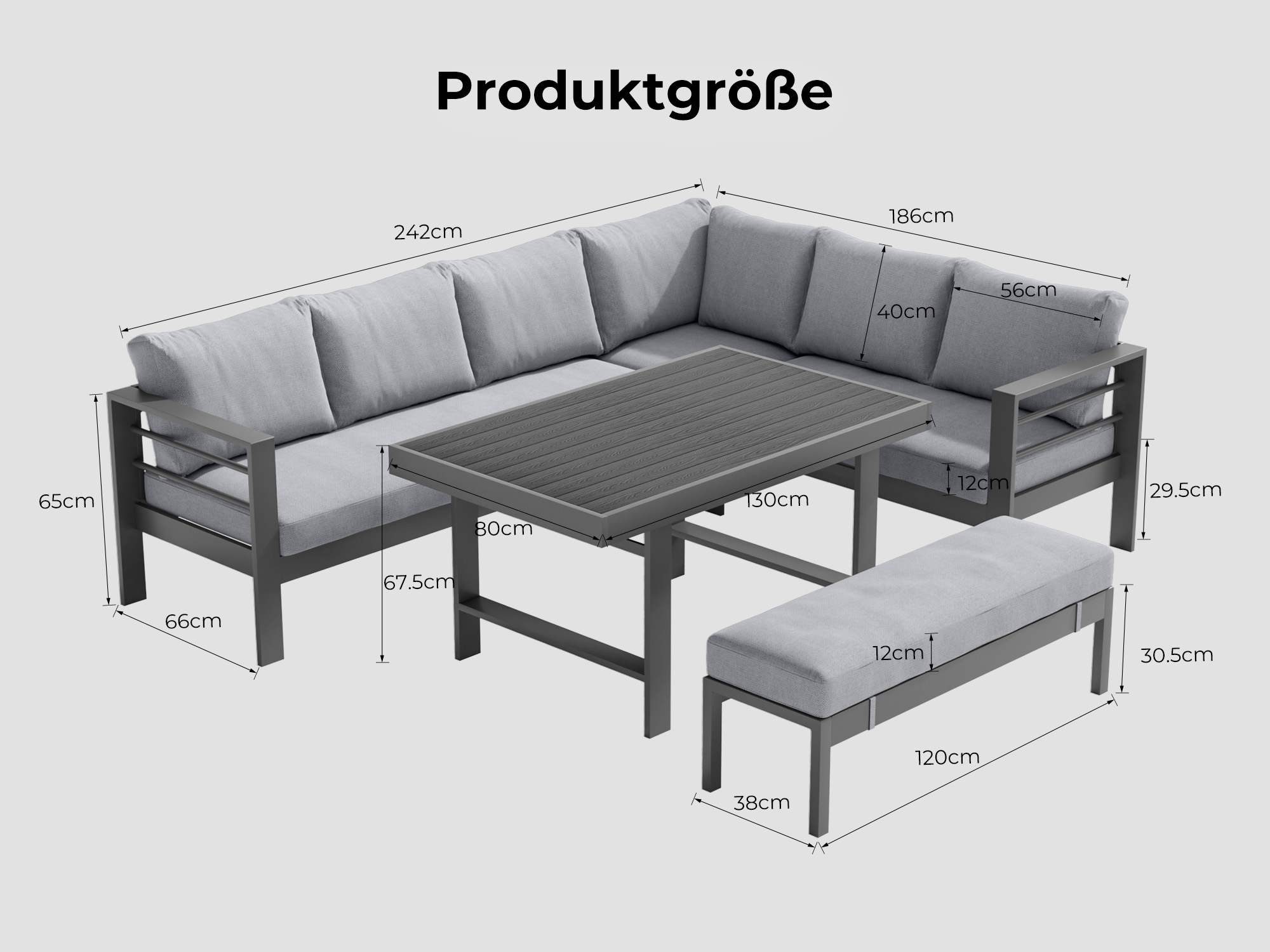 MeXo Gartenlounge-Set Outdoor Gartenmöbel Lounge-Set für 6-8 Personen, (Aluminium-Ecklounge, rechte Ecke, 5-tlg., wetterfest & pflegeleicht), großer Esstisch 130×80 cm, bis 140 kg belastbar je Sitz