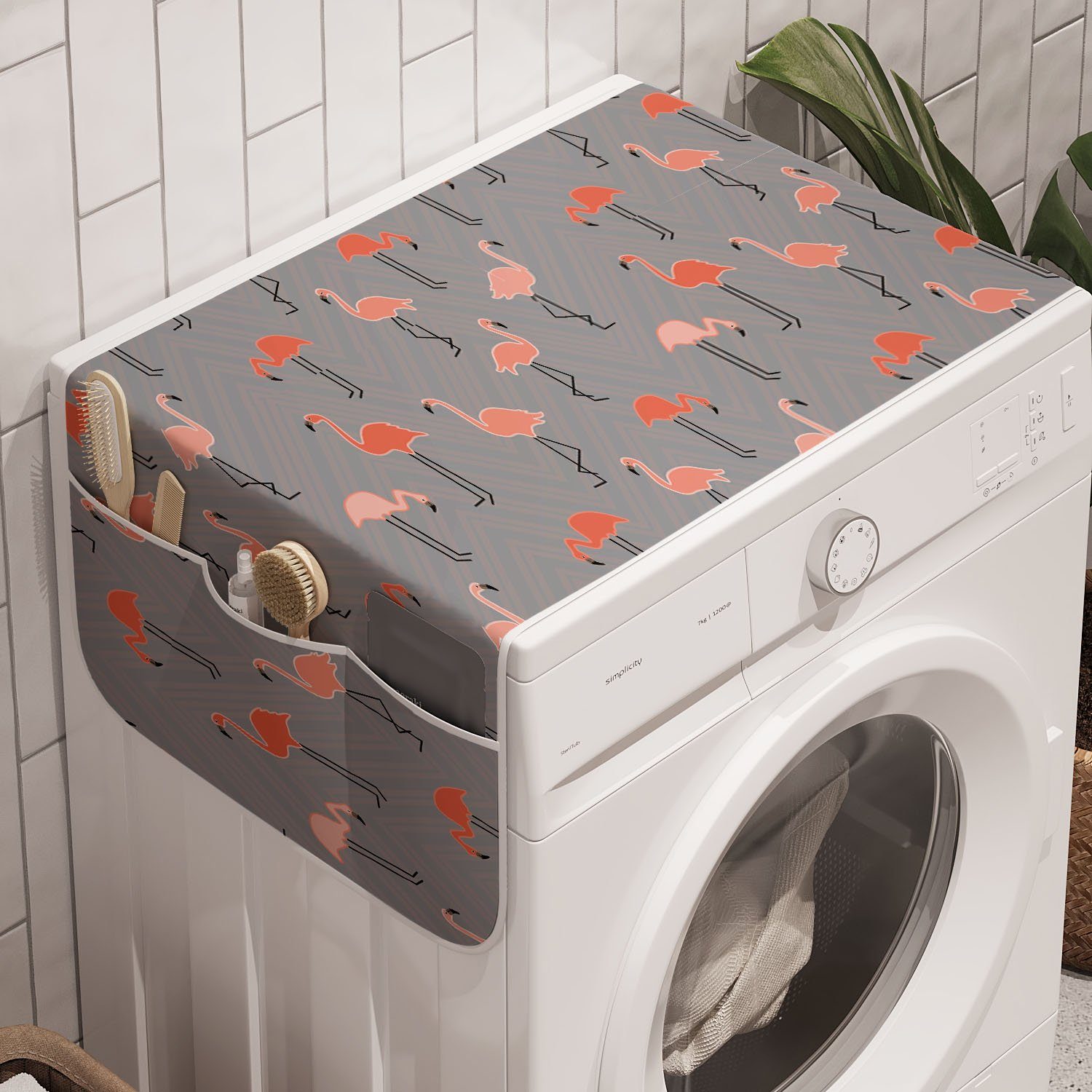 Abakuhaus Badorganizer Anti-Rutsch-Stoffabdeckung für Waschmaschine und Trockner, Flamingo Waldvögel auf Zigzags