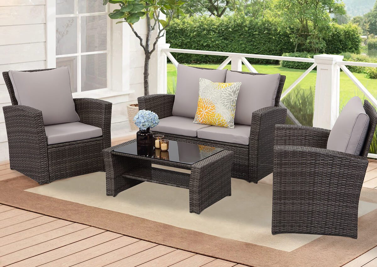 MeXo Loungeset Polyrattan Gartenmöbel Set 4 Personen Wetterfest, (Balkonset günstig online kaufen