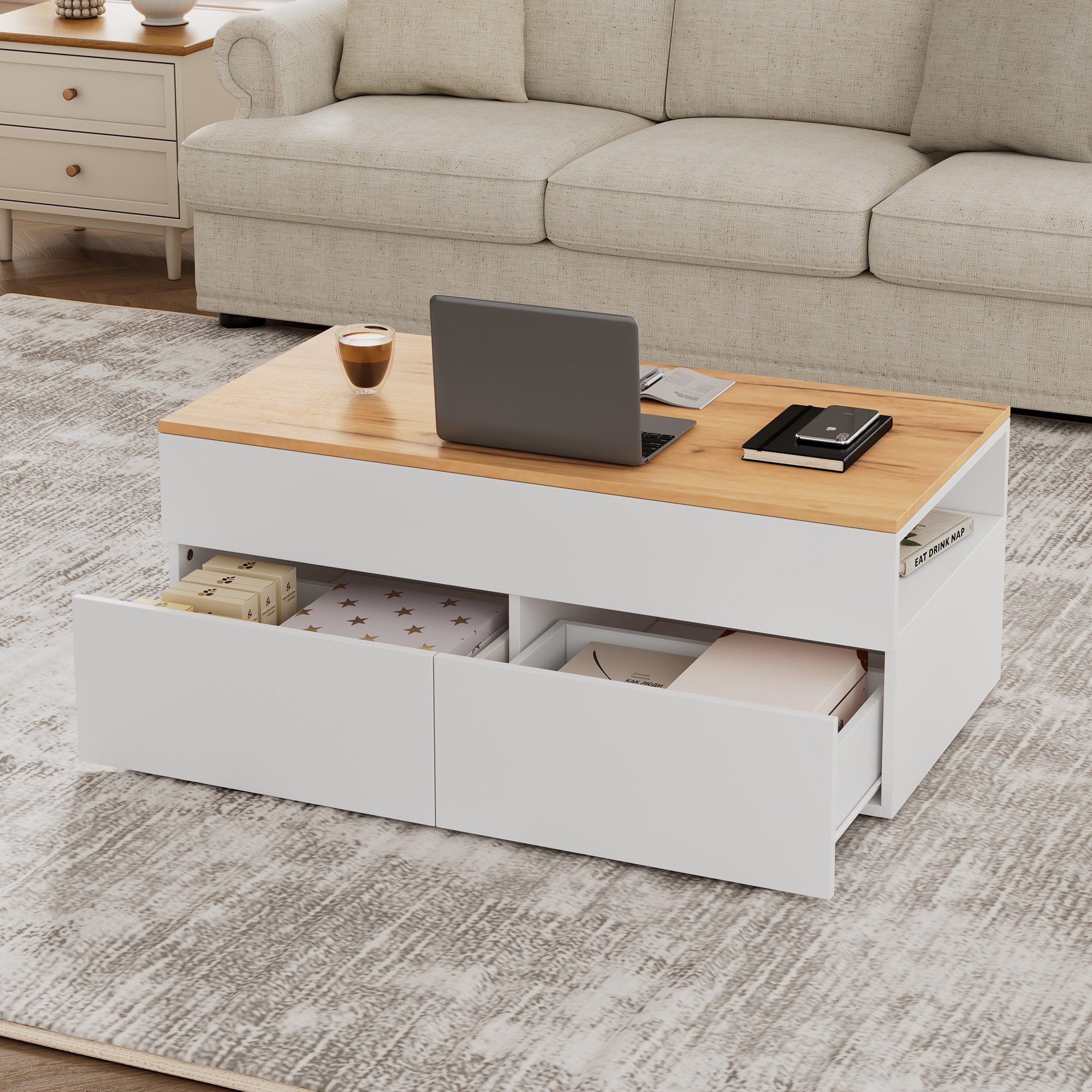 Merax Couchtisch höhenverstellbarer Wohnzimmertisch mit Anhebbarer Tischplatte (100x50x40cm, 1-St., Beistelltisch Kaffeetisch), Sofatisch mit 2 Schubladen,Verst – Bild 3 von 5