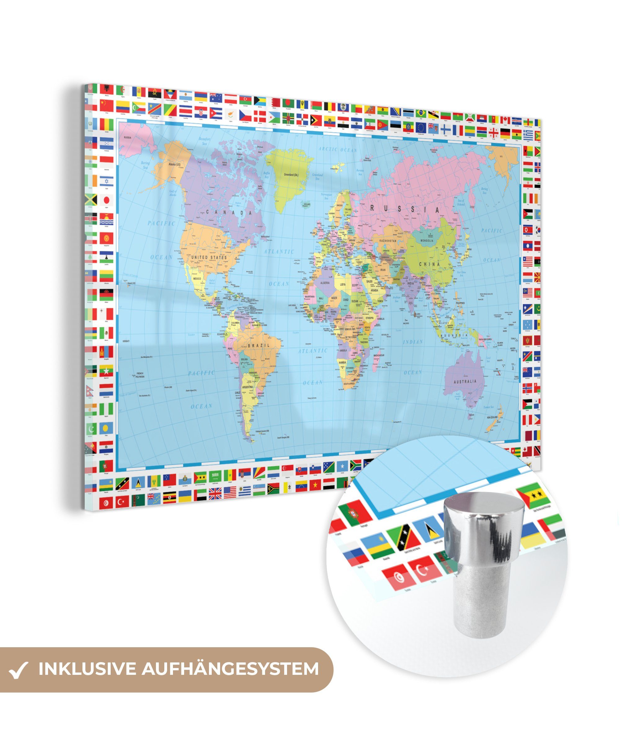 MuchoWow Acrylglasbild Weltkarte - Flagge - Atlas, (1 St), Glasbilder - Bilder auf Glas Wandbild - Foto auf Glas - Wanddekoration