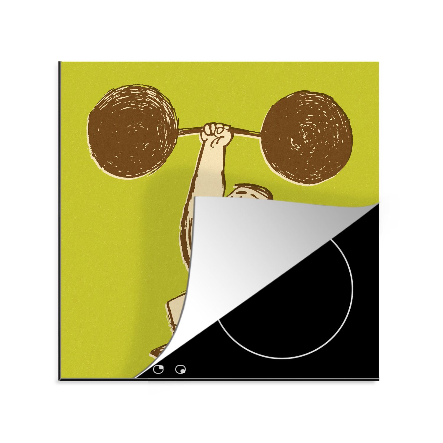 MuchoWow Herdblende-/Abdeckplatte Eine Illustration eines Bodybuilders mit dem Gewicht in einer Hand, Vinyl, (1 tlg), 78x78 cm, Ceranfeldabdeckung, Arbeitsplatte für küche