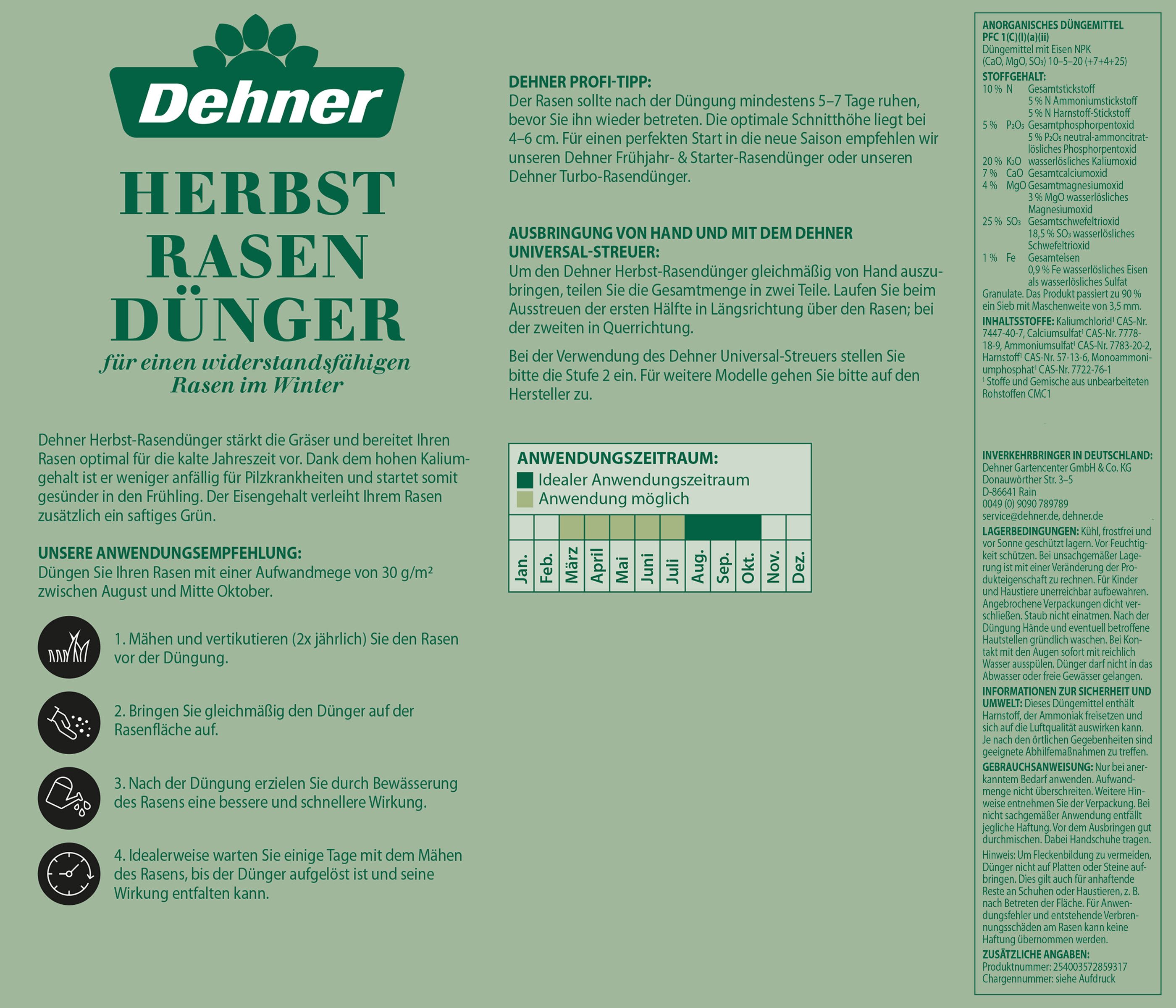 Dehner Rasendünger Rasendünger für Herbstrasen, mit Langzeitwirkung, 150 m², stärkt die Gräser vor dem Winter