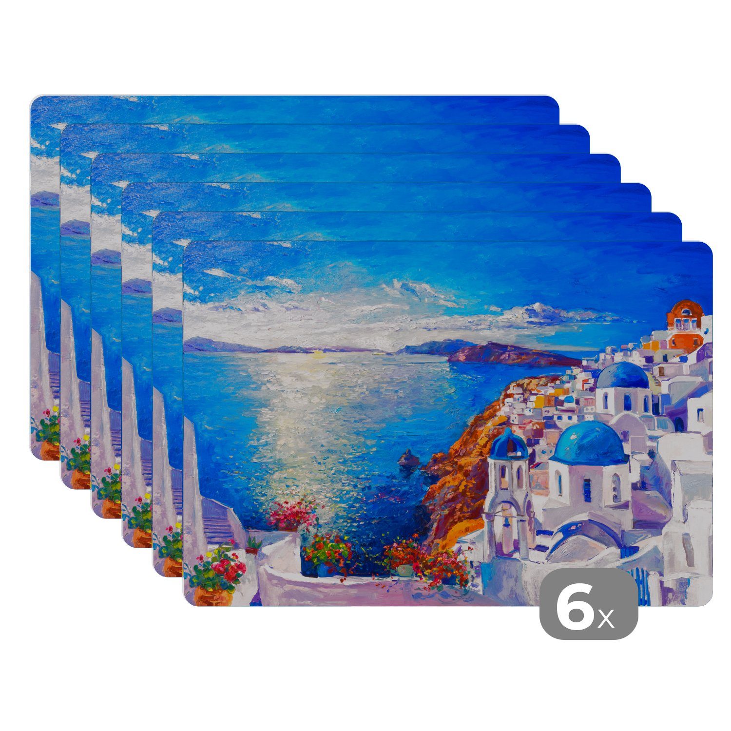 Platzset, Malerei - Griechenland - Wasser - Öl, MuchoWow, (6-St), Platzset, Platzdecken, Platzmatte, Tischmatten, Schmutzabweisend