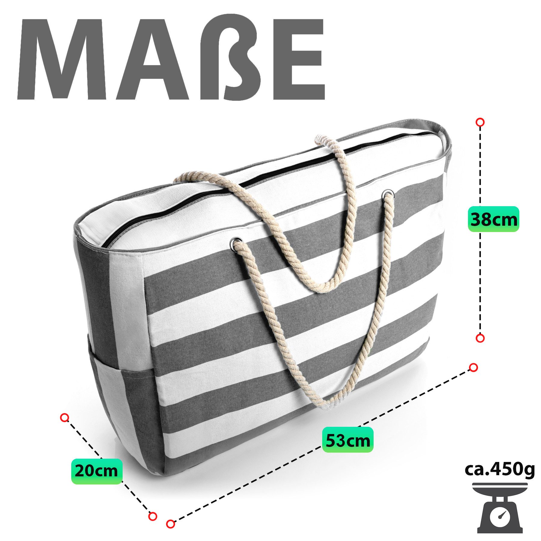 BigDean Strandtasche Badetasche XXL grau weiß große Saunatasche mit Reißverschluss (Packung, 1-tlg., Badetasche), Waschbar, 30°c