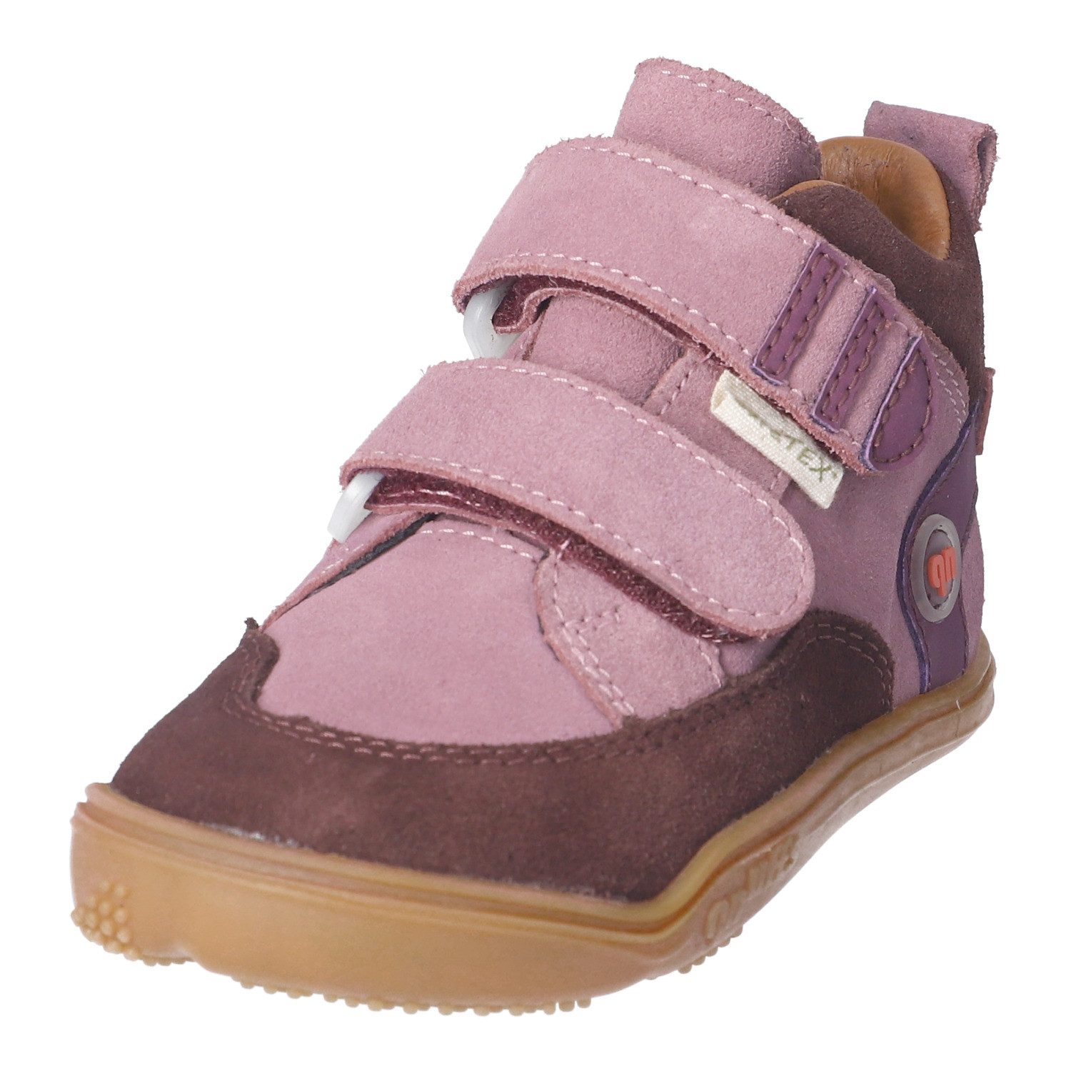 qnuffs Kastanie Barfußschuh Klettschuh, mit Namensschild an der Ferse, kürzbarer Klettriemen
