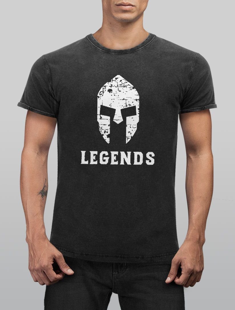 Neverless Print-Shirt Angesagtes Look T-Shirt Legends Neverless® Fit Cooles Used Print Slim schwarz Herren Sparta mit