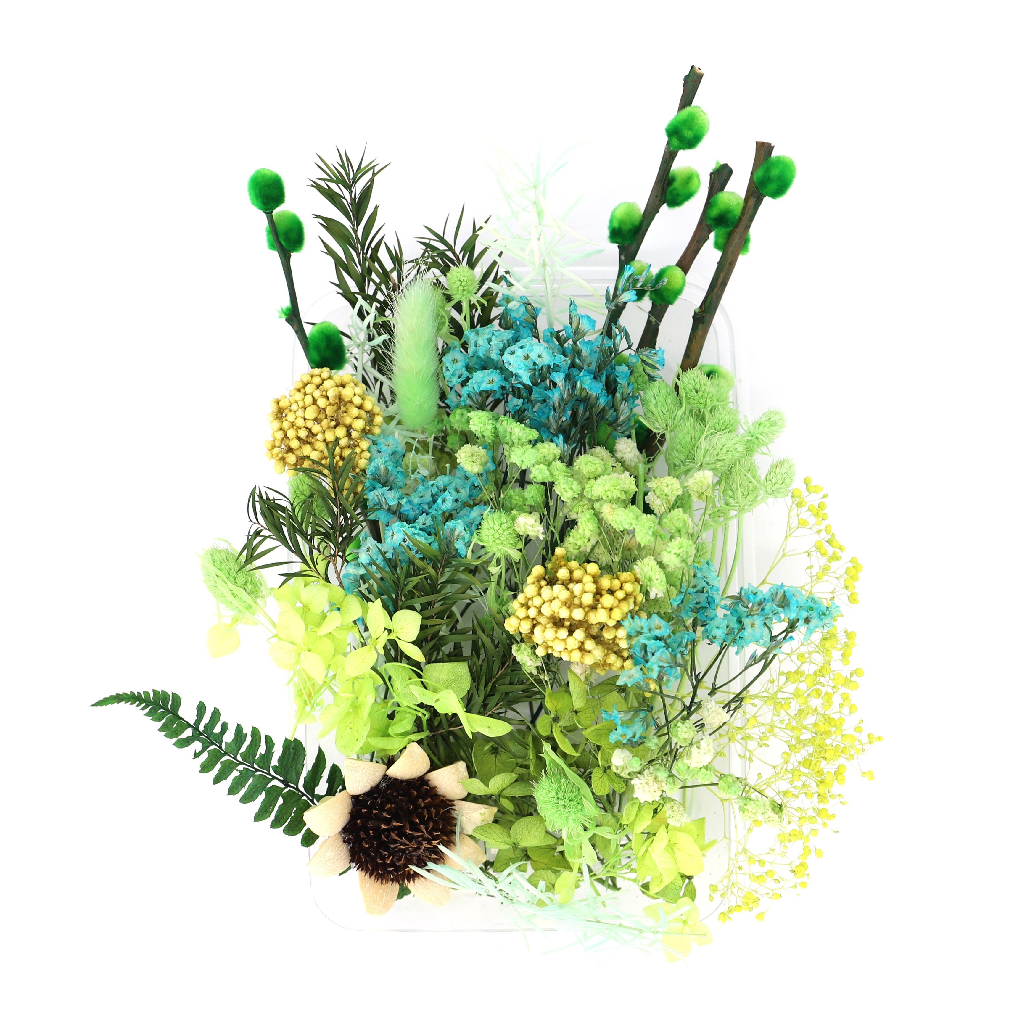 Trockenblume Farblich sortierte Box mit getrockneten Blumen - Gelb/Grün, Kunstharz.Art