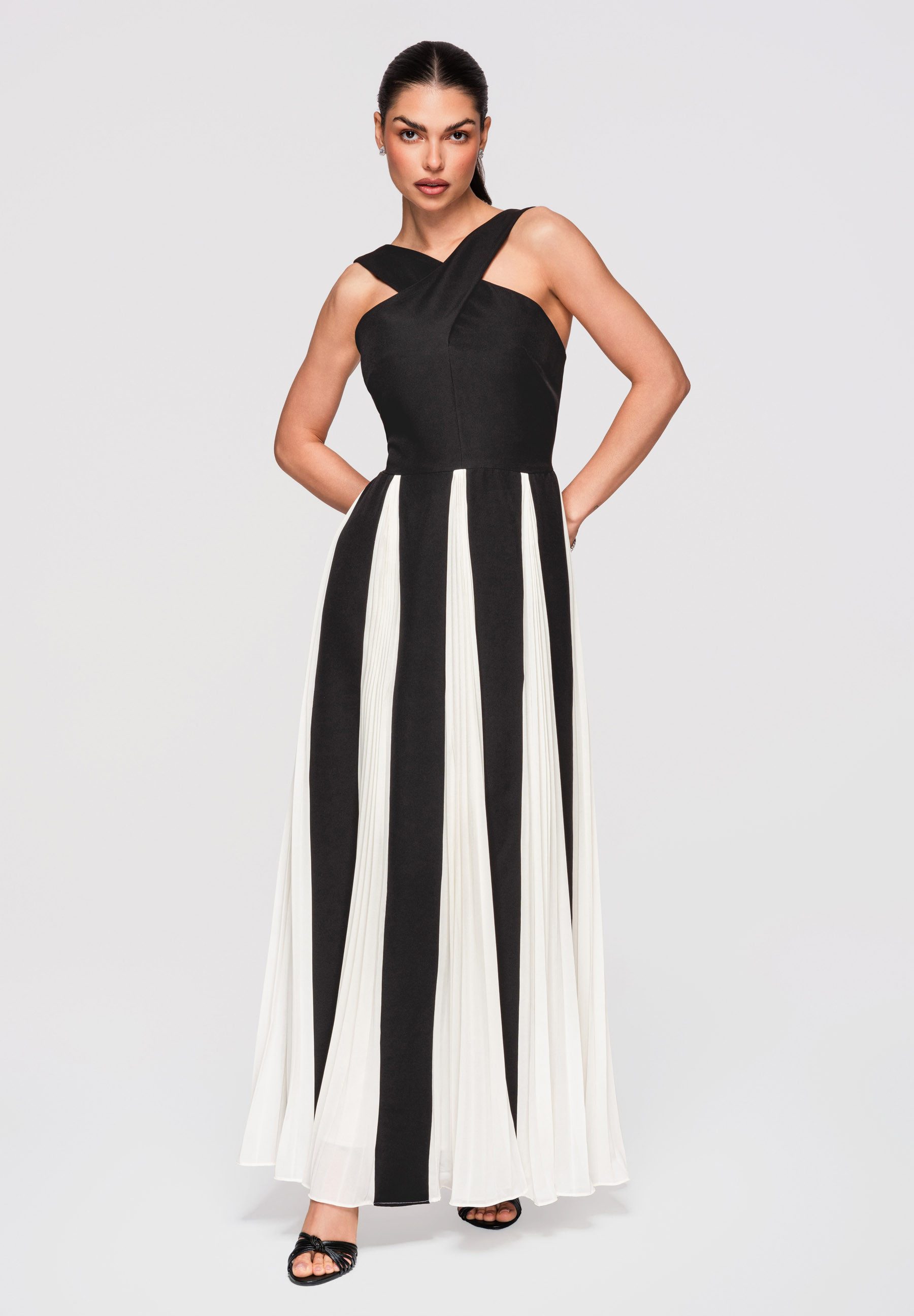 OMBRE Abendkleid Maxikleid Abendkleid mit Plissee Rock Schwarz M (kein Set, 1-tlg) Kontrastierende Paneele, plissierter Rock