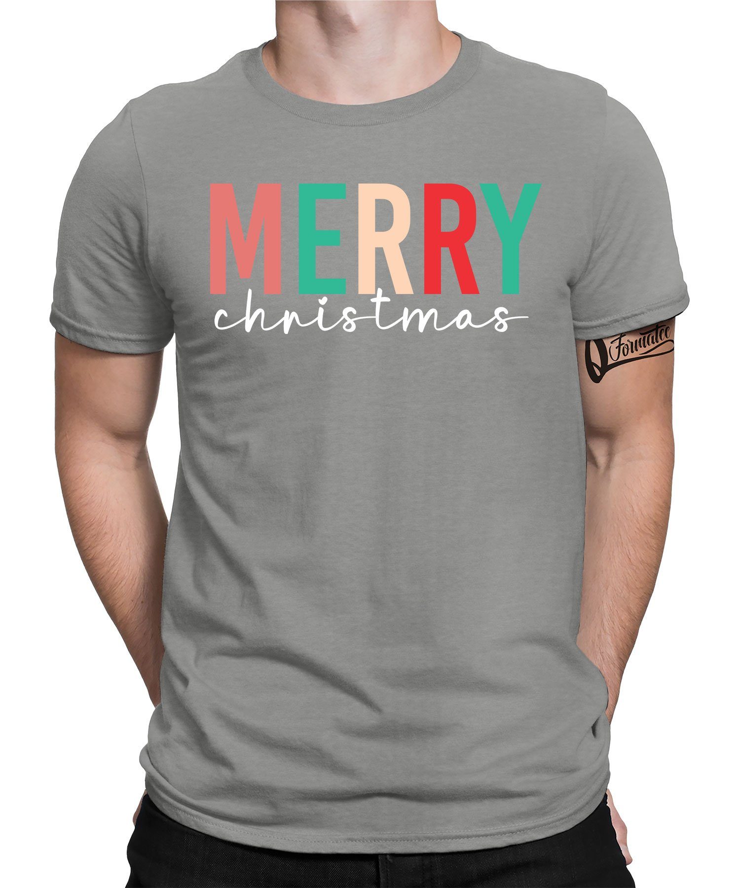 Quattro Formatee Kurzarmshirt Merry Christmas - Weihnachten X-mas Weihnachtsgeschenk Herren T-Shirt (1-tlg) Heather Grau